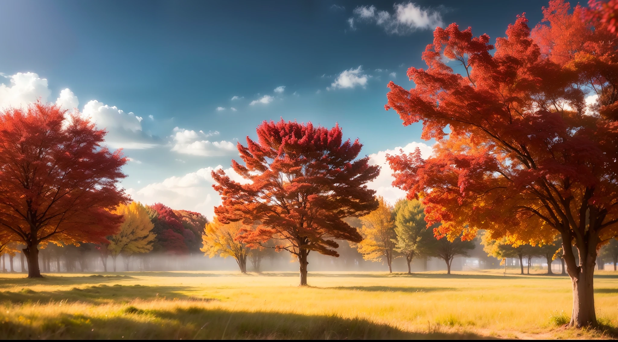 Wallpaper, standing autumn, maple leaves, trees, sky, white clouds, HD detail, wet watermark, hyperdetail, film, surrealism, soft light, deep field focus bokeh, ray tracing, diffusion (ultra-fine glass reflection) and surrealism.