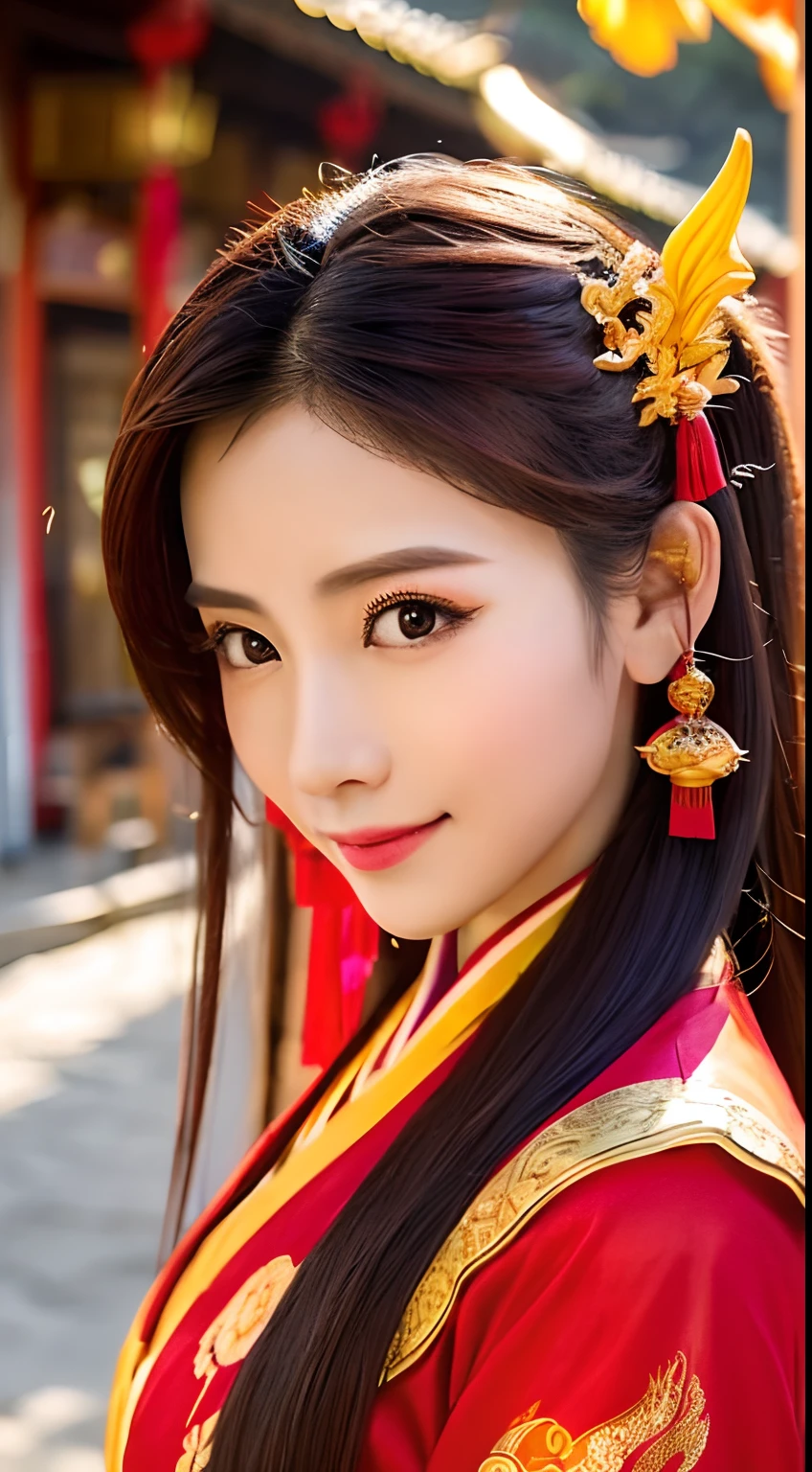 Chinese style ancient style girl，There is a dragon behind it，The whole hue is red-green, shocking and domineering Chinese dragon， Detailed dragon head， brunette color hair， Long tail， chino， cropped shoulders，， The is very detailed， dynamic angle， Beautiful lenses， （The most beautiful form of chaos）， aethereal， （vivd colour）， OC， （halfway： 1.2）， Chinese big breasts， （thangka flying sky： 1.5）， （ribbons： 1.3）， （dream： 1.5）， （Hanfu： 1.5）， chinesedragon， Chinese Dragon， （ssmile： 0.5）， （Chinese God）， （tmasterpiece， top-quality， best qualityer， ultimate details， highest details， offcial art， Beauty and aesthetics： 1.2）， the golden ratio