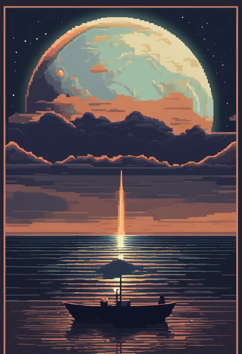 Pixel art of giant moon rising on calm sea, beautiful detailed pixel art, detailed pixel art, Lofidel retro video game, concept pixelart, detailed pixel artwork, Pixel art style, pixel town, pixel art animation, high quality pixel art, Dolphins jump off the sea, super detailed color lowpoly art, #Pixel art:3, # Pixel art, #Pixel art