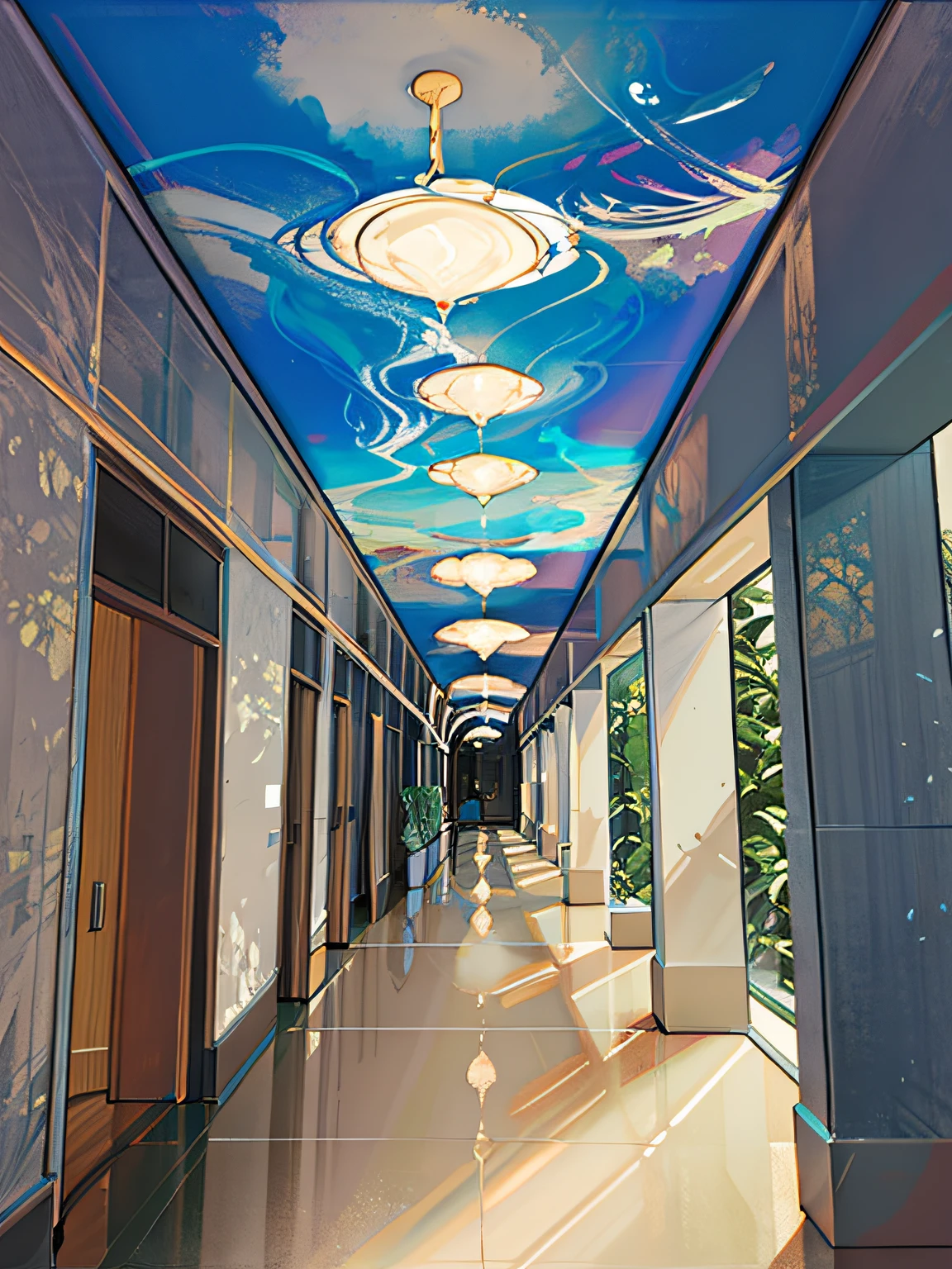 A hallway corridor with an eye on the ceiling with branches coming out in a corridor made of glass, liminal glass space hallway, concept drawing, branching hallways glass corridor, infinite hallway, architectural illustration, infinite hallways,  sketch of a lucid dream, illustrated starbucks interior, perspective view