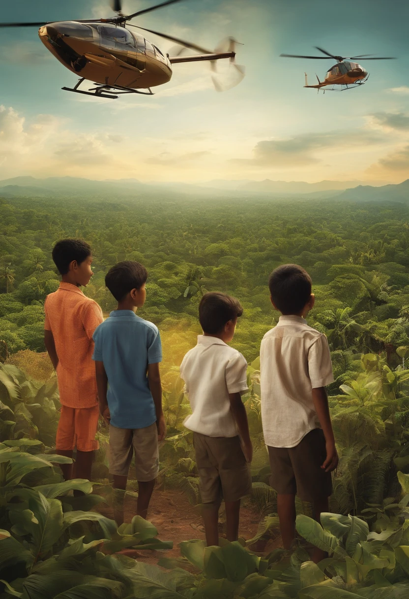 a CD cover containing images of young people reflecting on a day when their difficult reality was good, boys looking at a horizon of vegetation, sun, helicopter, people talking, religious people of Indonesian, realistic