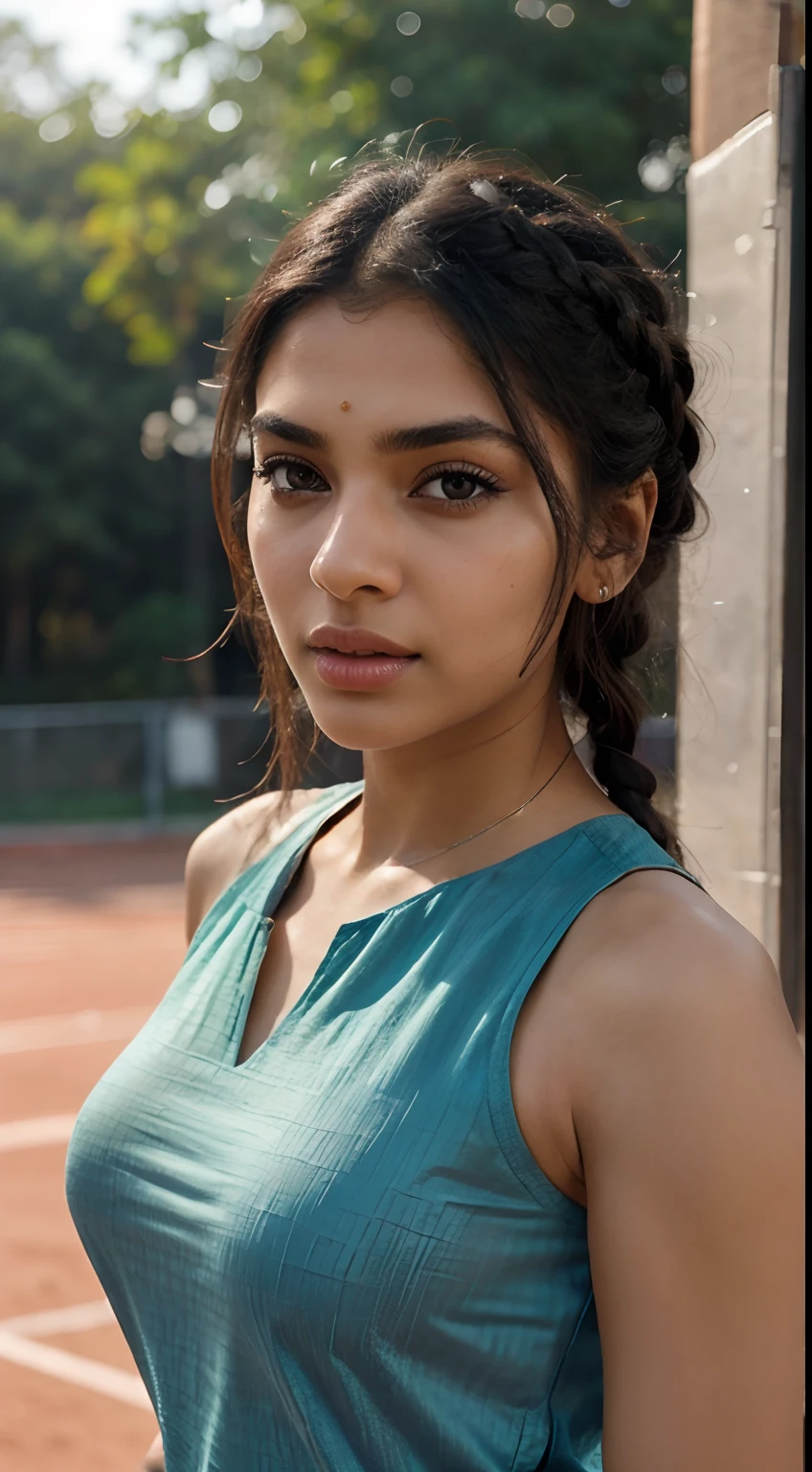 ultra-realistic photographs,Indian Instagram female model,mid 20s,9:16,mid-shot,beautiful detailed eyes,detailed lips,longeyelashes,black french braid hair, naturally full eyebrows,perfectly formed nose,expressive face,attractive appearance,confident and elegant posture,graceful movement,vibrant and track dress, trackfield background, serene atmosphere,stunning architecture,soft and natural lighting,vivid colors,photorealistic,HDR,highres,studio lighting,ultra-detailed,bokeh,fully covered clothes
