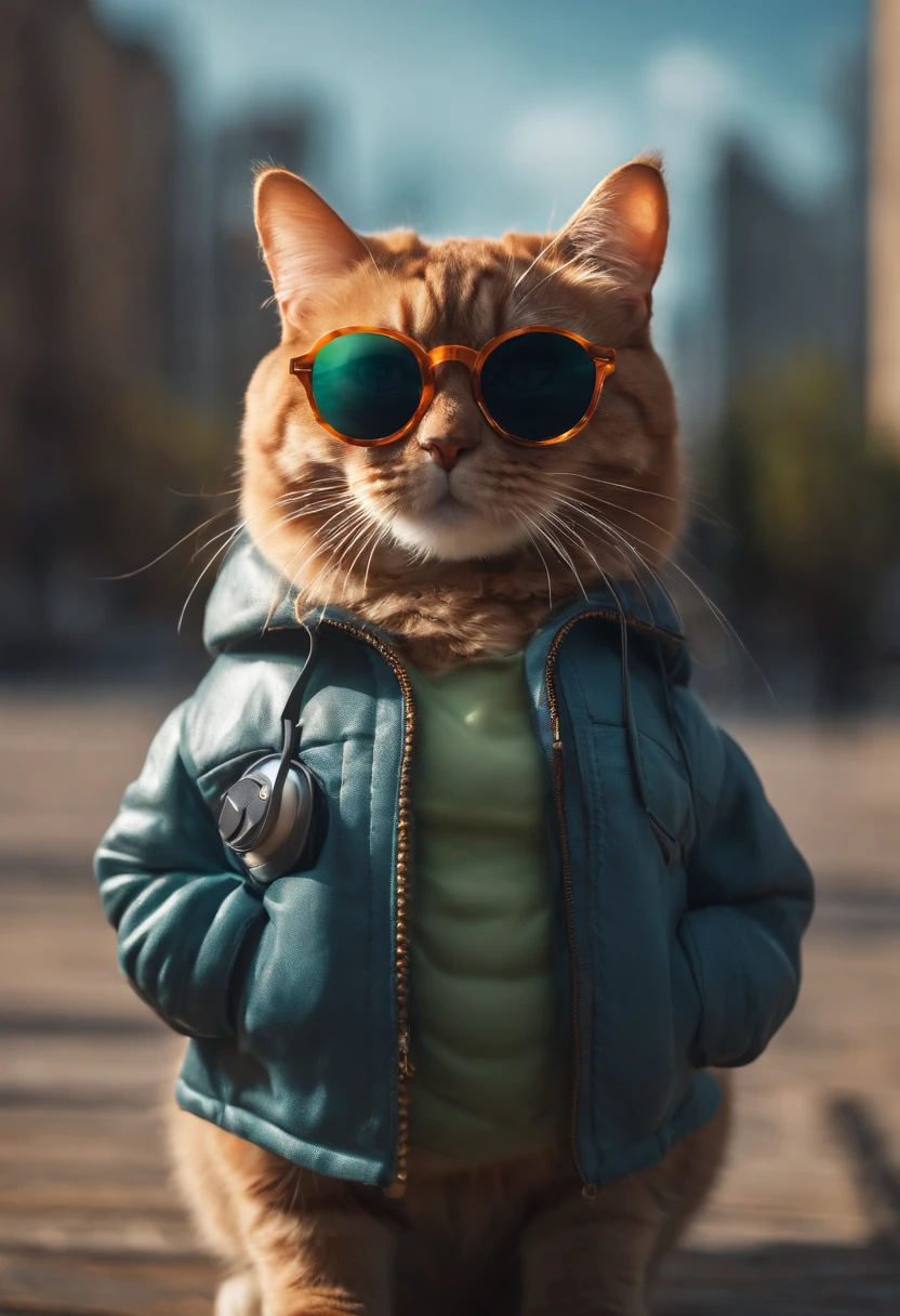 Perfect centering, Cute fat cat, Wear a jacket, Wearing sunglasses, Wearing headphones, cheerfulness, Standing position, Abstract beauty, Centered, Looking at the camera, Facing the camera, Approaching perfection, Dynamic, Highly detailed, Smooth, Sharp Focus, 8K