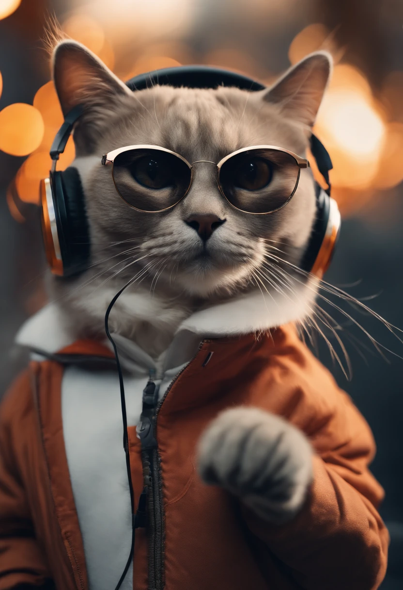 Perfect centering, Cute fat cat, Wear a jacket, Wearing sunglasses, Wearing headphones, cheerfulness, Standing position, Abstract beauty, Centered, Looking at the camera, Facing the camera, Approaching perfection, Dynamic, Highly detailed, Smooth, Sharp Focus, 8K