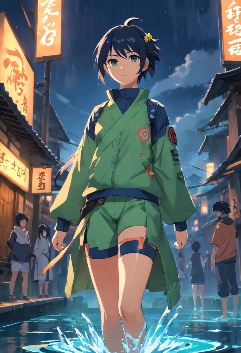 masterpiece, best quality, movie still, 1girl, Naruto, jonin outfit, hidden leaf jonin, black hair, short hair, green eyes, wielding a Bowie knife, absurdres, water jutsu, water theme, sidelighting, dark background, night setting, rain village, perfect hands, wet skin, highly detailed, ninja outfit, combat suit, ninja body armor, Naruto hidden leaf headband.