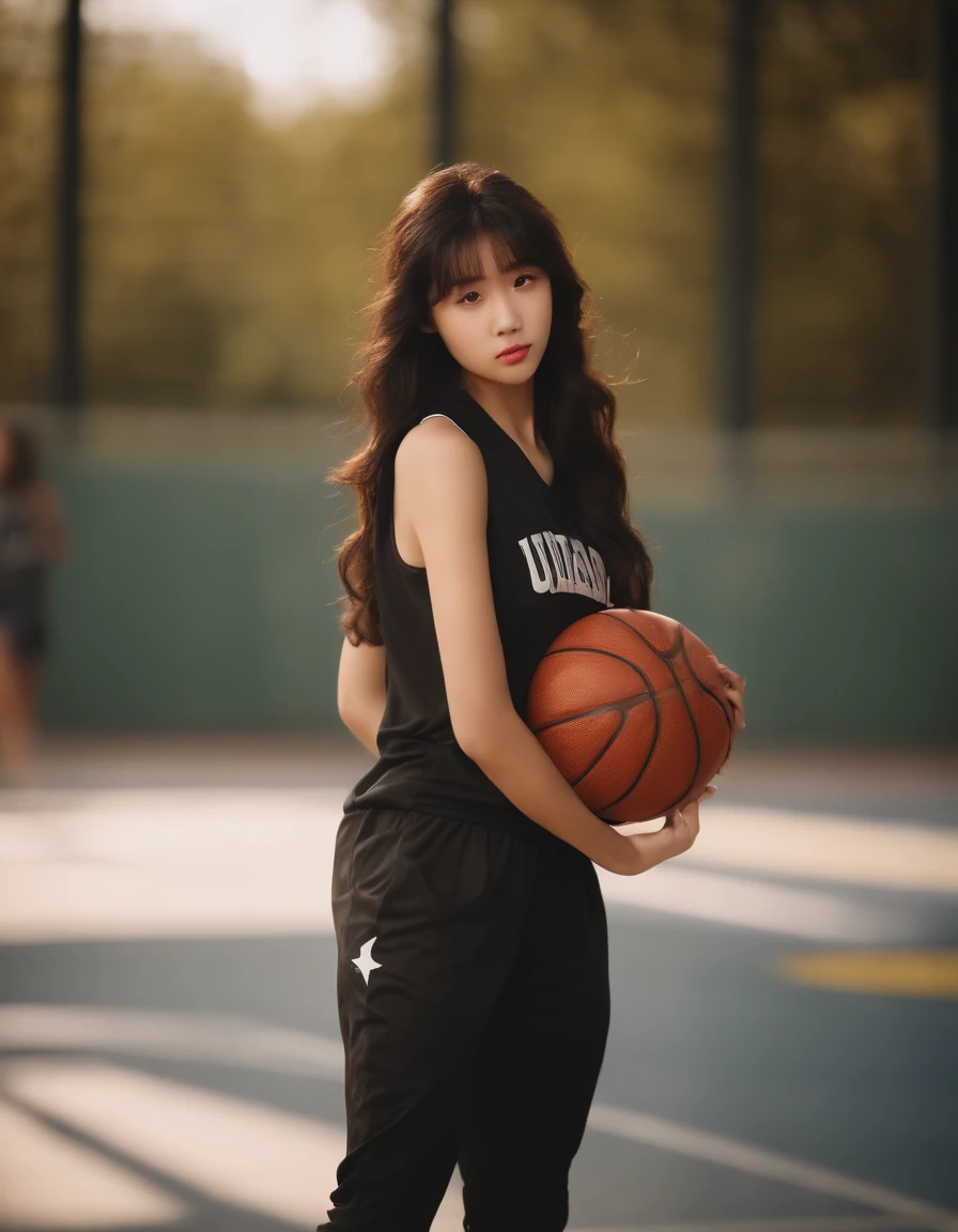 (8k, best quality, masterpiece:1.2), (realistic, photo-realistic:1.37), ultra-detailed,best quality, ultra high res, professional lighting, photon mapping, radiosity, physically-based rendering, cinematic lighting, basketball court,depth of field, sharp focus,sunbeam, good composition,(bokeh:1.2) 1girl,solo,(full body), (closed mouth), detailed eyes, pose, narrow waist,basketball uniform, black hair,messy hair,long hair floating in wind,(ulzzang-6500:1.2),  mix4, hiqcgbody