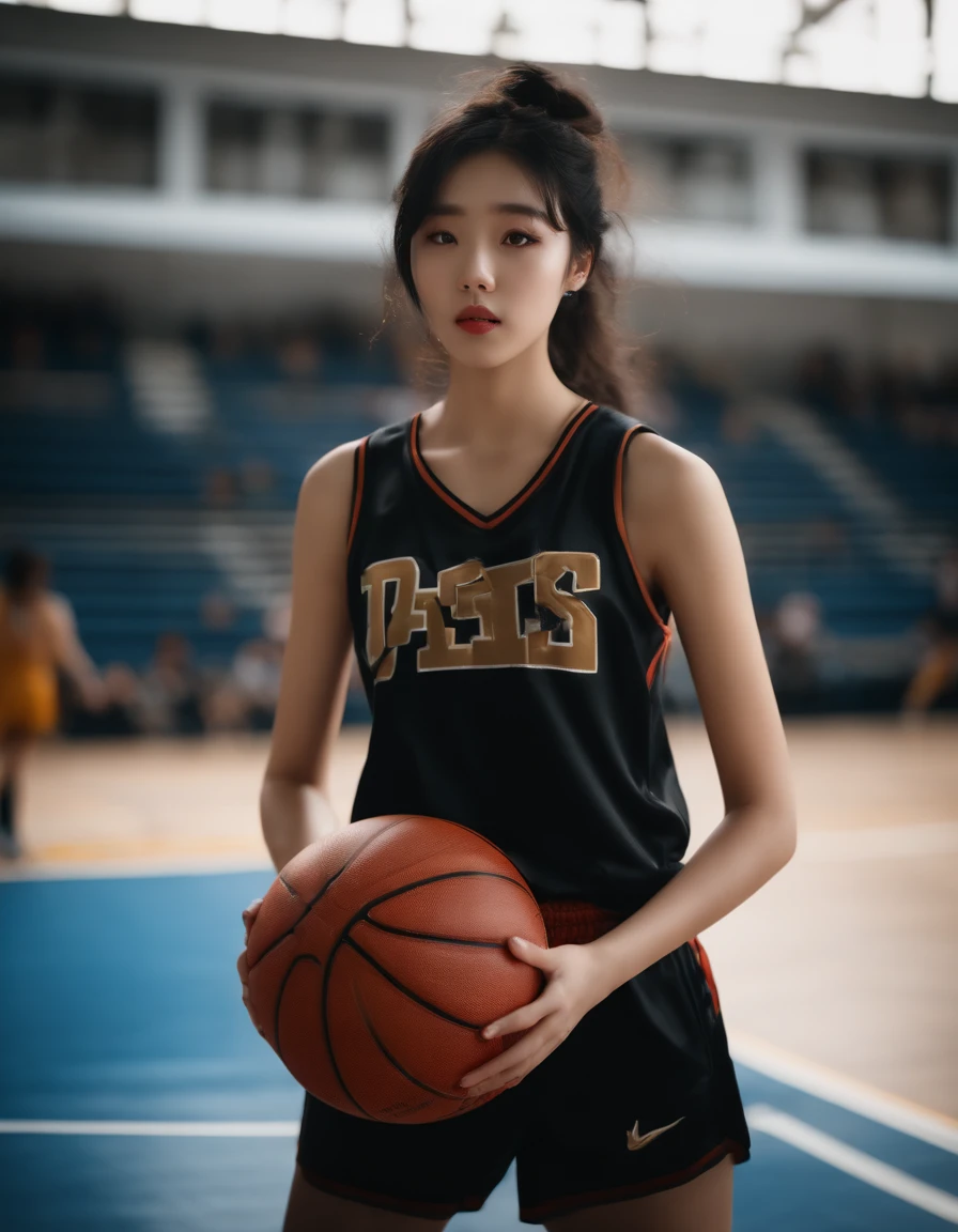 beauttiful asian model, medium length hair, basketball uniform, 8k, portrait shot, front facing, detailed, brown beatiful eyes