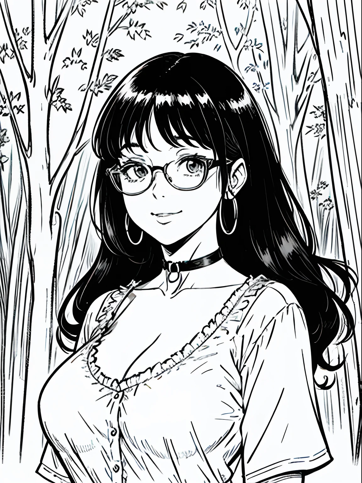extremely beautiful woman, 30 years old, big black hair, snub nose, smug smile, busty, social shirt (half open on the breasts), hoop choker, round glasses, background forest, just face and chest photo, manga lineart