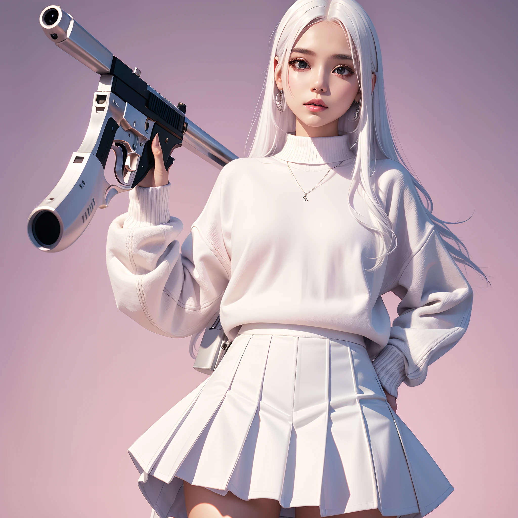 Girl with white hair wearing white cotton sweater and white shirt skirt holding silver revolver to the sky. basic pink background