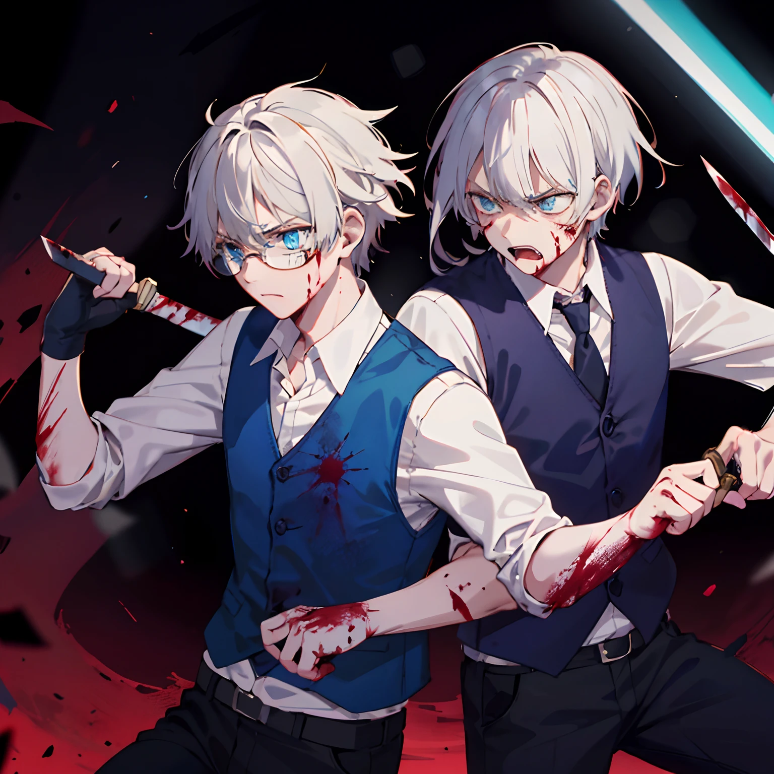 1male, white hair, blue eyes, blue palette, vest, glasses, fighting pose, knife, a lot of blood, super angry, warm lights, grumpy
