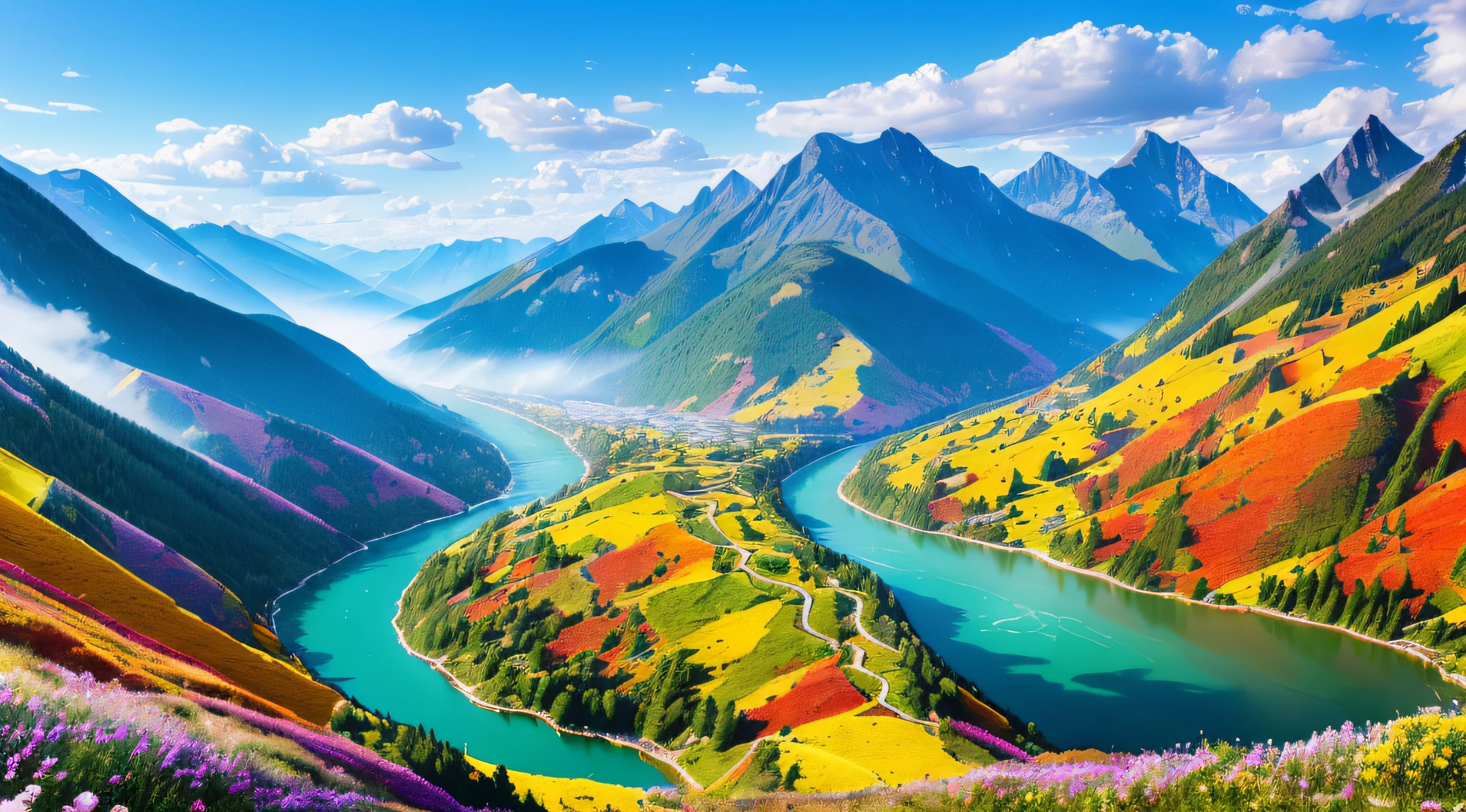 (Best Quality, High Quality, 4k, colourfull, Masterpiece:1.2), Ultra-detailed, realisitic:1.37, portrait of a, Vivid colors, professional, Breathtaking mountain ranges, Towering Mountains, Terraced mountains, Mountains shrouded in mist, Turbulent rivers, Winding rivers, Stunning natural scenery, Magnificent scenes, Enchanting views. --auto