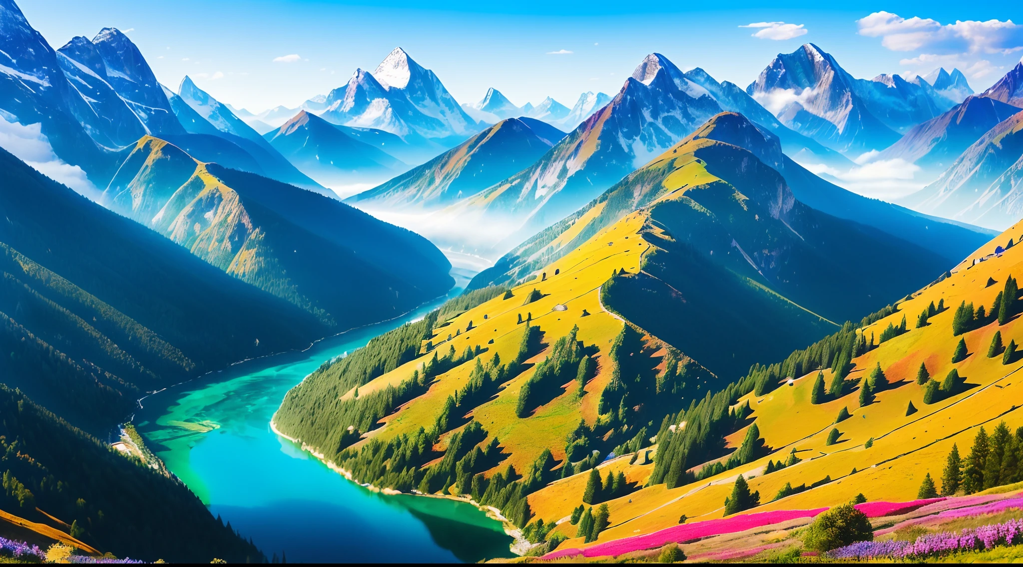 (Best Quality, High Quality, 4k, colourfull, Masterpiece:1.2), Ultra-detailed, realisitic:1.37, portrait of a, Vivid colors, professional, Breathtaking mountain ranges, Towering Mountains, Terraced mountains, Mountains shrouded in mist, Turbulent rivers, Winding rivers, Stunning natural scenery, Magnificent scenes, Enchanting views. --auto