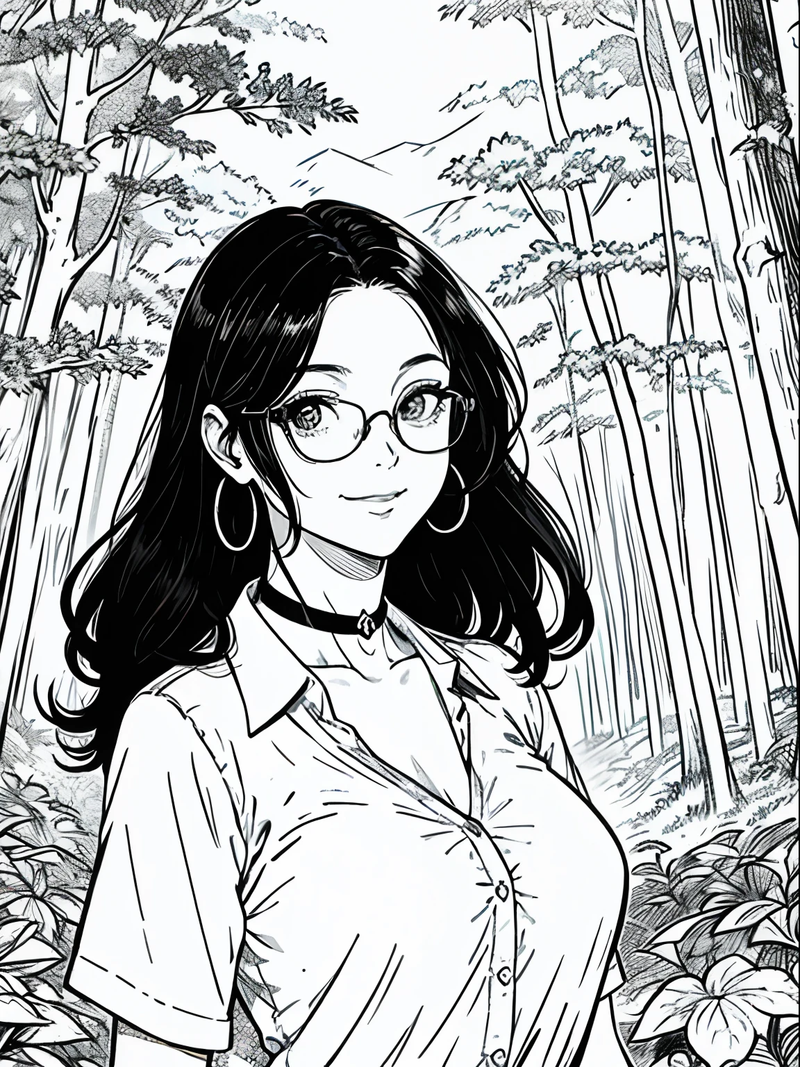 extremely beautiful woman, 30 years old, big black hair, snub nose, smug smile, busty, social shirt (half open on the breasts), hoop choker, round glasses, background forest, just face and chest photo, manga lineart