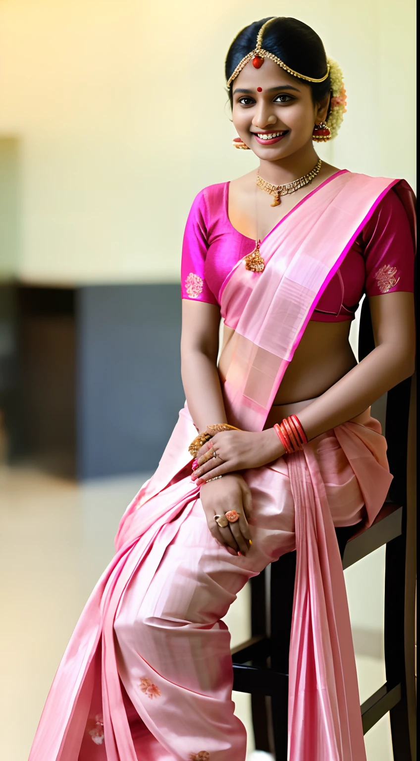 an indian woman in a pink saree sitting on a chair, satin, wearing pink floral saree, very beautiful enga style, colour splash, photoshoot, candid, candid picture, with lovely look, with intricate details, with an elegant smile, high quality,