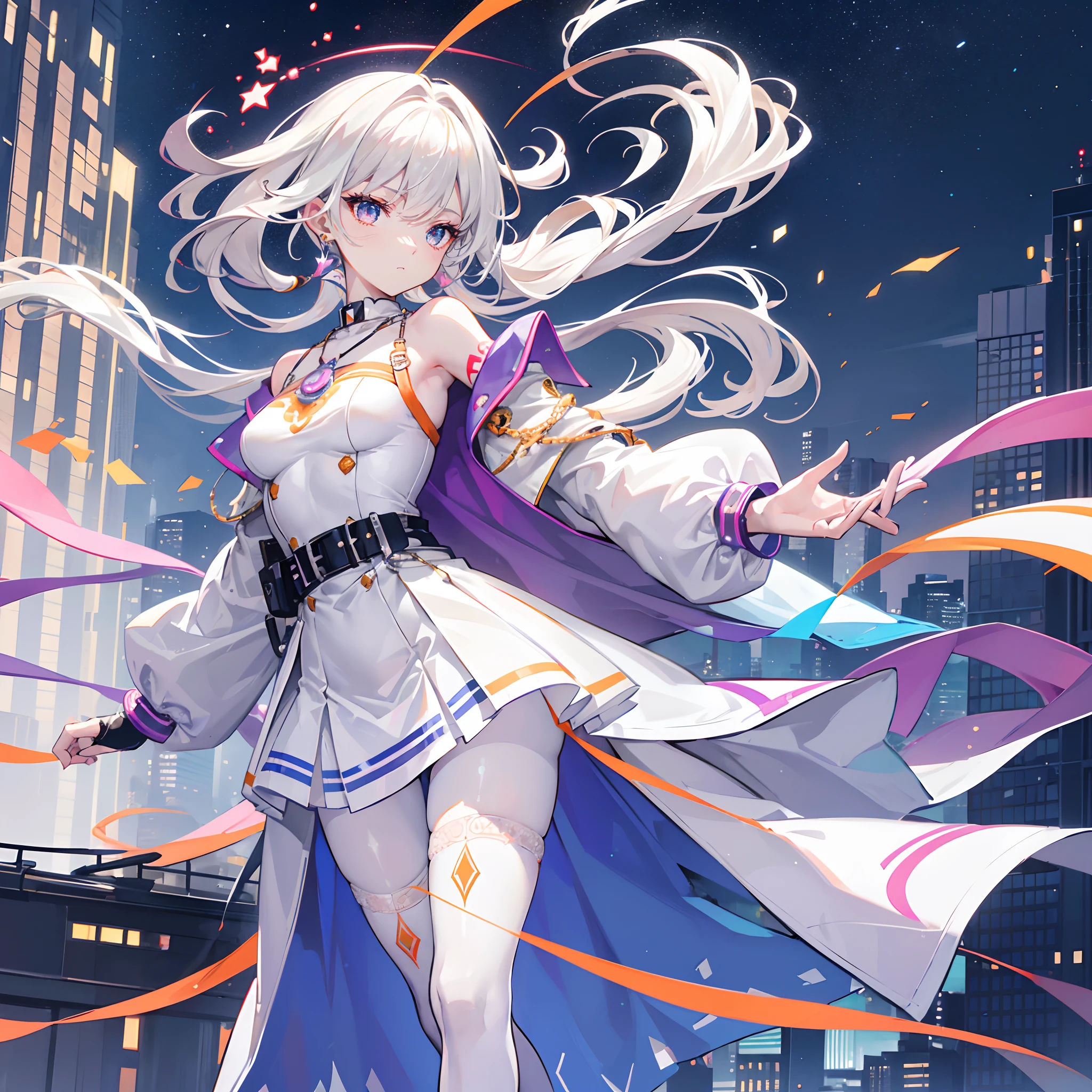 cyber punk style,Cool handsome type,4K,High-quality characters,Best quality at best,Super rich detail,hight contrast,the sideview,Cool light source,Block architecture diagram,the night,Neat and colorful building facilities and buildings,The complexion is very fair,Girl body type,1个Giant Breast Girl,Small,Thin waist,Exquisite facial features,Incredibly accurate human perspective,A radiant face,Delicate gradient hairstyle,Short yellowish side hair,Heterochromic pupils,Orange-red pupils,Silver earrings,White collar and necklace,White bracelet bracelet,Short gloves,Holding a purple cell phone,Pale red paneled crop top,White off-the-shoulder coat,White prismatic lock belt at waistband,Silver waist chain,White and orange paneled pleated skirt shorts,Red edges,(White fishnet knee socks 1.1),(Extra long pantyhose with textured white 1.1),(Abdomen and limbs with tattoos and coats of arms1.1)Love buckle leg ring,Light red anklet anklet,Delicate white mid-barrel lace-up boots,Stand on the top of a tall building and look out at the city,Crossed waist with one hand,