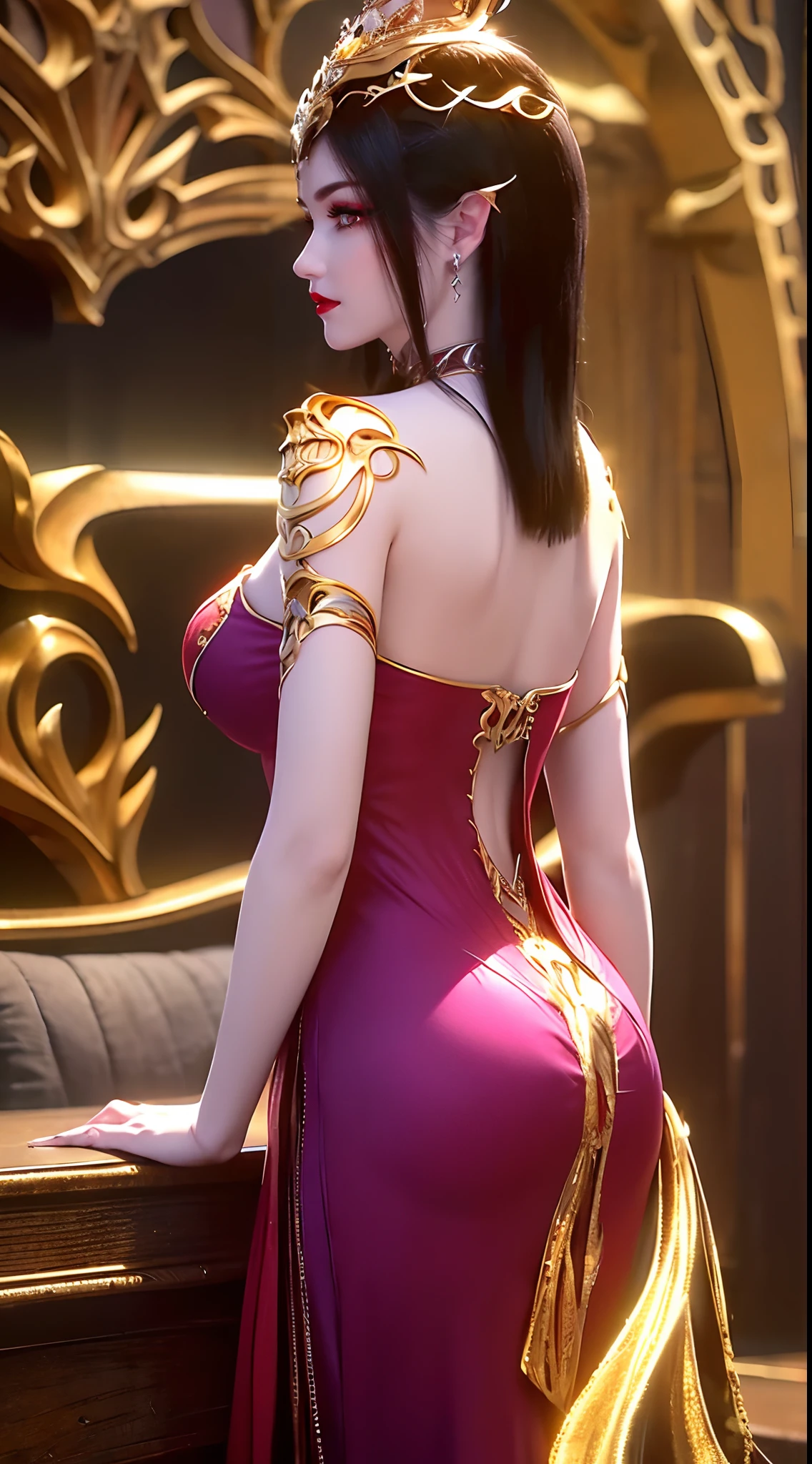 "An extremely beautiful queen,(best quality,4k,highres,masterpiece:1.2),ultra-detailed,(realistic,photorealistic,photo-realistic:1.37),beautiful queen,royal costume,sparkling crown,colorful gemstones,golden scepter,elegant pose,garden background,soft lighting,vibrant colors,delicate facial features,long flowing hair,big and round breasts,black eye pupils,The big, round platinum eyes are beautiful and super detailed,red and detailed makeup eyebrows,mouth closed tightly,dreamy atmosphere,the most perfect body,ethereal beauty,proud expression,clasped the queen's hands behind her back,strikingly graceful,lovely and charming,attention to detail,regal and majestic,fairytale-like ambiance,1 girl, 1 alone,full body"