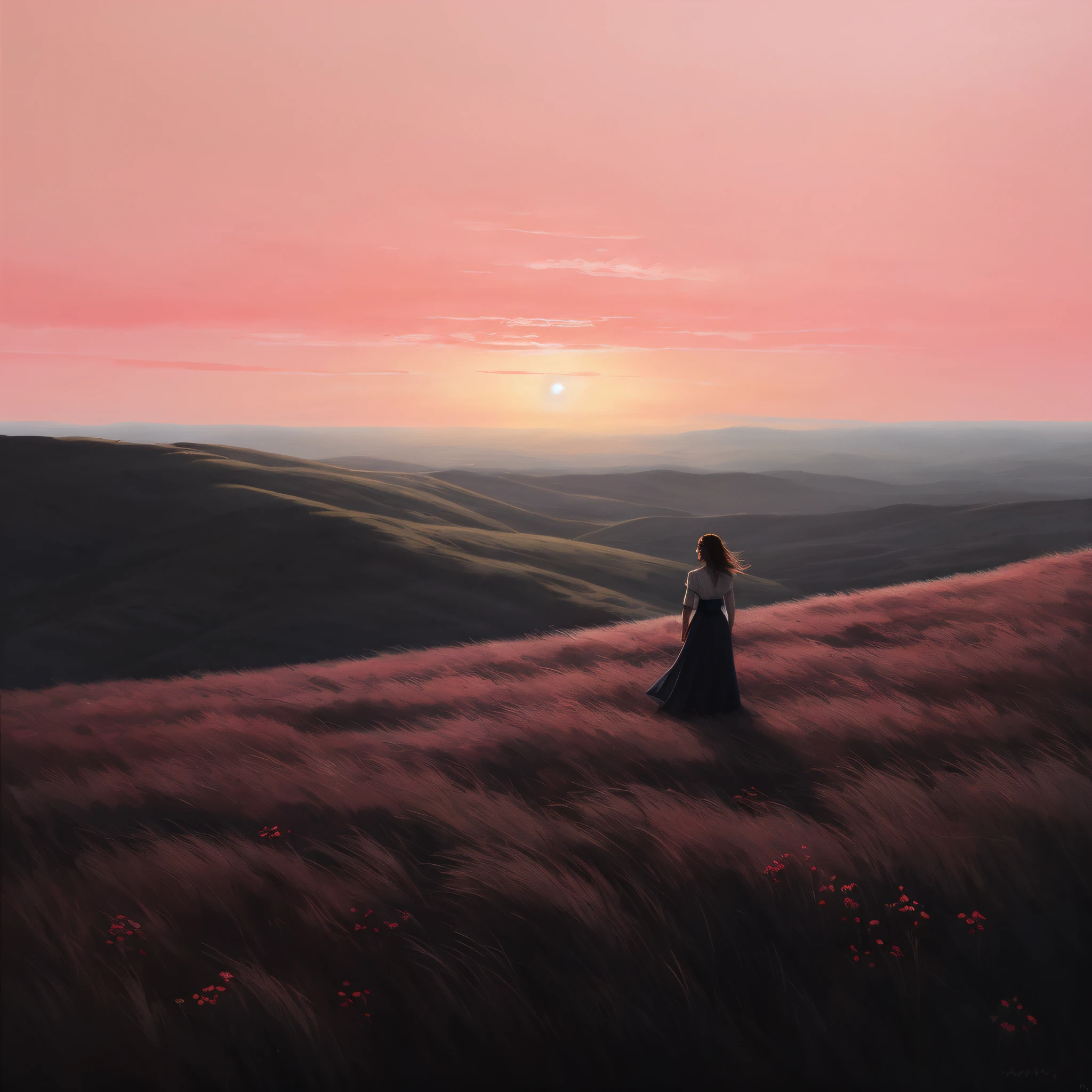 Painting a woman standing on a mountain overlooking the valley, inspired by Jakub Schikaneder, Twilight ; Digital painting, Inspired by RHADS, Twilight ; digital oil painting, inspired by Alena Aenami, matte digital painting, Desolate. Digital illustration, Artistic. Alena Ainami, art by Alena Aenami, beautiful girl on the horizon, sunset illustration