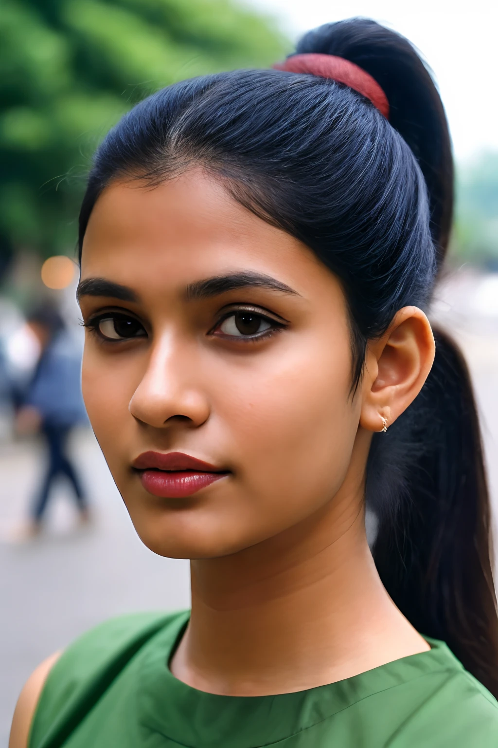 (full body, editorial photograph of a young dusky Indian woman), photographed in a busy street, (highly detailed face:1.4) (smile:0.7) (background Busy indian street , moody, private study:1.3) POV, nikon d850, film stock photograph ,4 kodak portra 400 ,camera f1.6 lens ,rich colors ,hyper realistic ,lifelike texture, dramatic lighting , cinestill 800, realistic, wearing black Square-Neck Peplum Top, posing!!, candid picture, medium body, medium breasts, black hair, ponytail hair, medium hair length realistic skin texture, brown skin