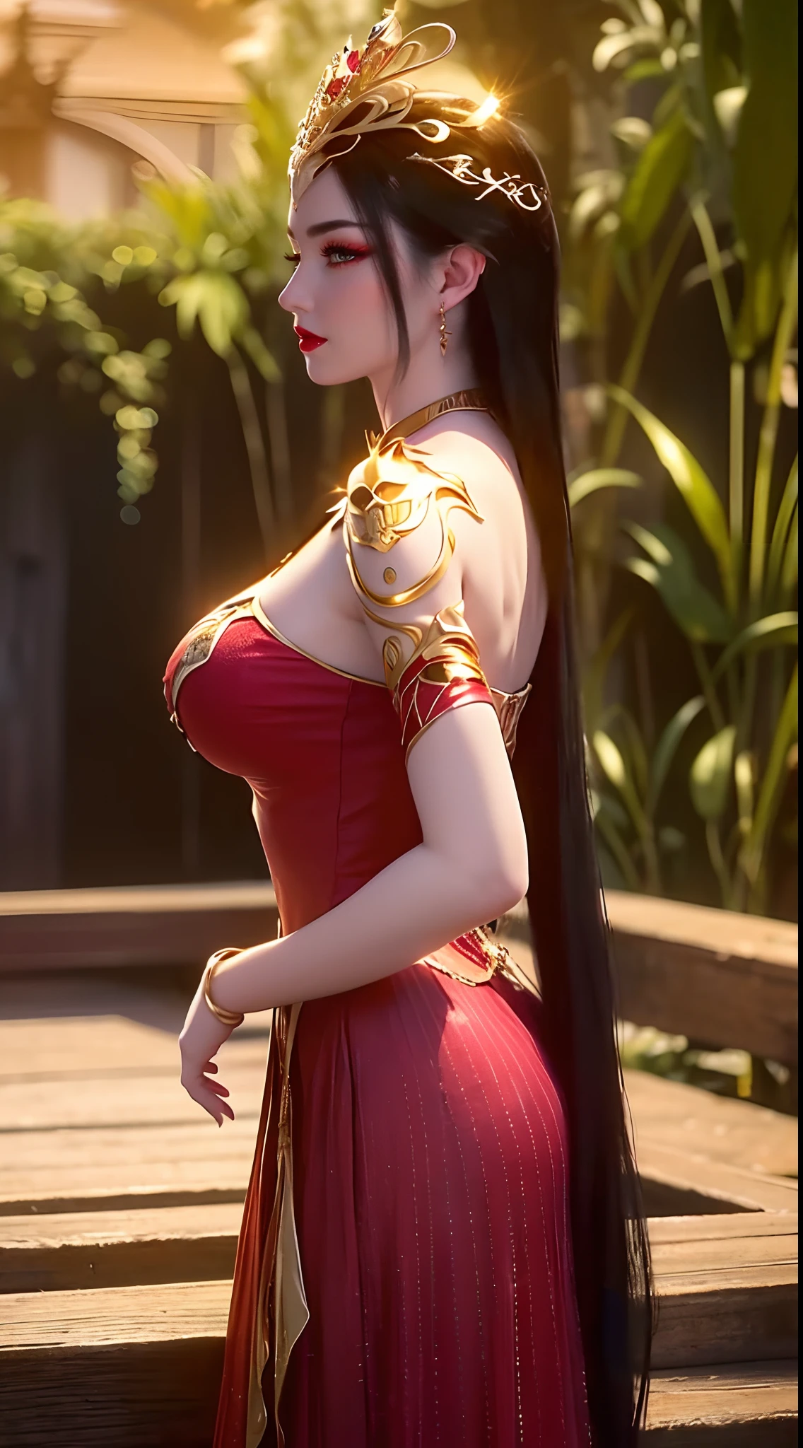 "An extremely beautiful queen,(best quality,4k,highres,masterpiece:1.2),ultra-detailed,(realistic,photorealistic,photo-realistic:1.37),beautiful queen,royal costume,sparkling crown,colorful gemstones,golden scepter,elegant pose,garden background,soft lighting,vibrant colors,delicate facial features,long flowing hair,big and round breasts,black eye pupils,The big, round platinum eyes are beautiful and super detailed,red and detailed makeup eyebrows,mouth closed tightly,dreamy atmosphere,the most perfect body,ethereal beauty,proud expression,clasped the queen's hands behind her back,strikingly graceful,lovely and charming,attention to detail,regal and majestic,fairytale-like ambiance,1 girl, 1 alone,full body"