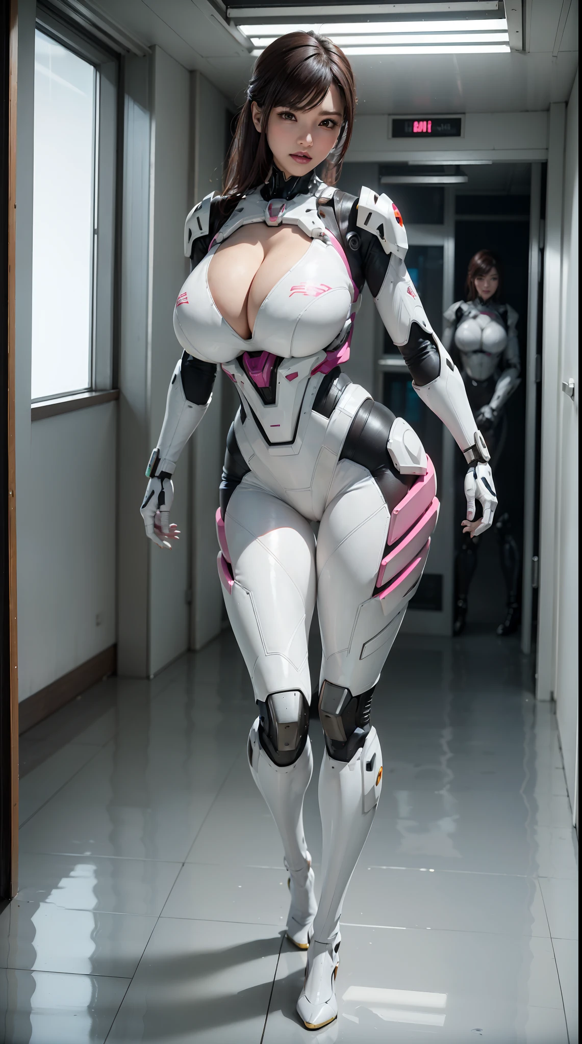 (NSWF:1.5), (1GIRL,SOLO:2), (super detailed face), ((BIG BUTTOCKS, HUGE FAKE BREASTS:1.5)), (CLEAVAGE TOP:1.5), (MUSCLE ABS FEMALE:1.4), (MECHA GUARD ARM:1.4), ((WEAR MAGENTA WHITE OVERWATCH MECHANICAL ARMORED, BLACK MECHANICAL SKINTIGHT SUIT PANTS, MECHA GUARD ARMOR LEGS, HIGH HEELS:1.5)), (MUSCULAR BODY:1.3), (GLOSSY SKIN:0.8), (SEXY LONG LEGS, FULL BODY:1.1), (LOOKING AT VIEWER:1.3), (female focus:0.886), (WALKING DOWN HALLWAY OF FUTURISTIC SPACE STATION:1), (BRIGHT LIGHT WHITE_ROOM:1.3), SUPER TEXTURE, UNREAL ENGINE RENDER, PHYSICALLY-BASED RENDERING, ULTRA HIGHT DEFINITION, 16K, 1080P.