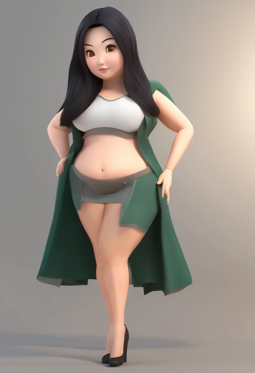 a chubby asian woman with long straight black hair and slight flowy bangs. She is overweight. White skin. She has weak jaw and small lower mouth. Her face is round shape. The lenght between her eyes are near. Diamond eyes shape and monolid and small.