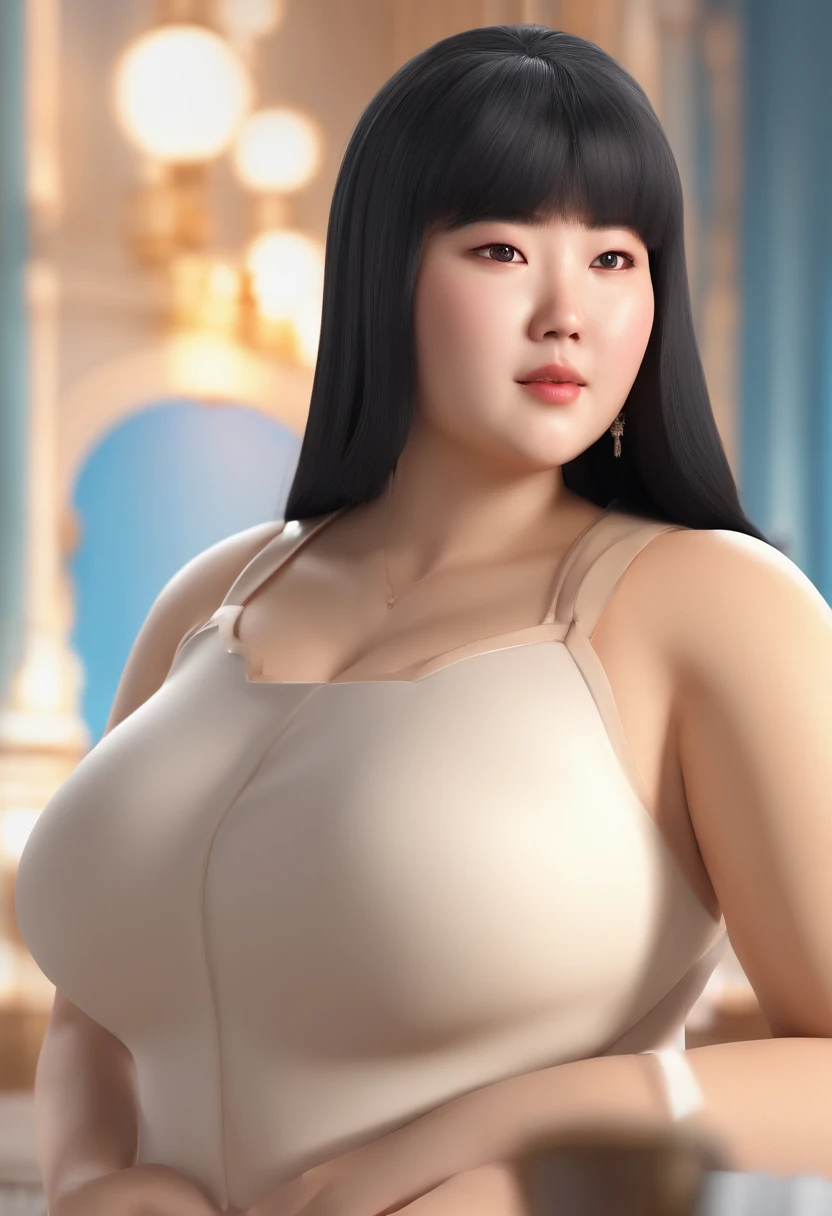 a chubby asian woman with long straight black hair and slight flowy bangs. She is overweight. White skin. She has weak jaw and small lower mouth. Her face is round shape. The lenght between her eyes are near. Diamond eyes shape and monolid and small.