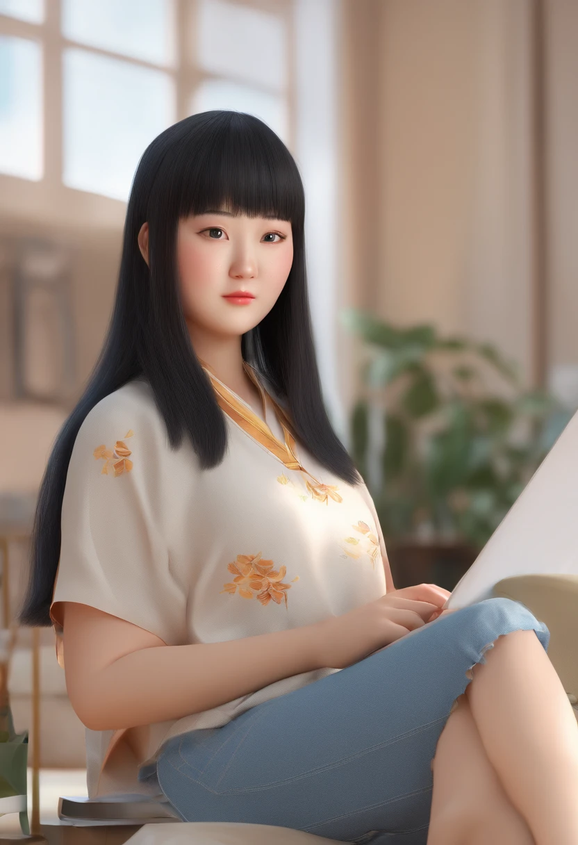 a chubby asian woman with long straight black hair and slight flowy bangs. She is overweight. White skin. She has weak jaw and small lower mouth. Her face is round shape. The lenght between her eyes are near. Diamond eyes shape and monolid and small.