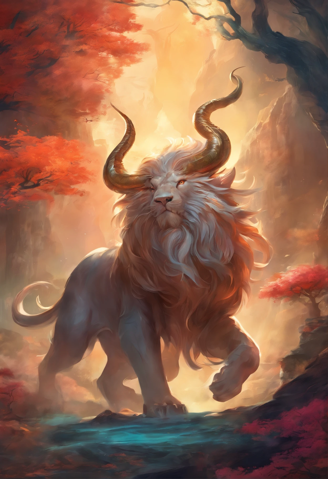 a mythical creature,((The Nian Beast in Chinese mythology)),Traditional Chinese elements,Ancient murals,Exemplary mythology,Fuyao Legend,Dappled light,Hazy haze,mystical aura,tmasterpiece,k hd,Rich in color,Detailed details,Seven colors