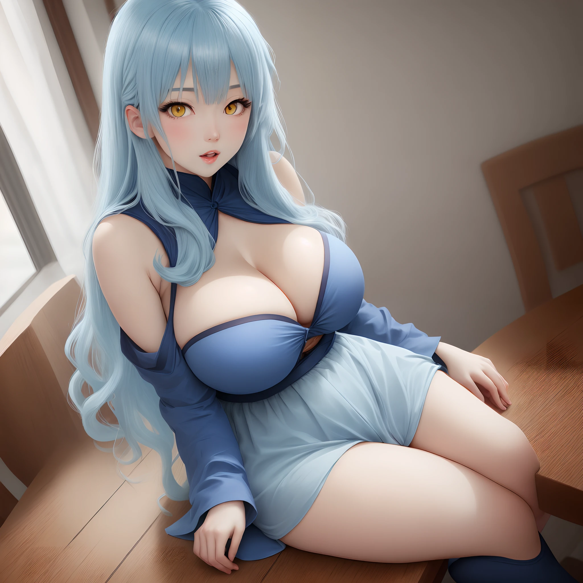 Long hair light blue hair yellow eyes massive breasts exposed cleavage rimuru hot deep blue bikibi adult sitting on table alone