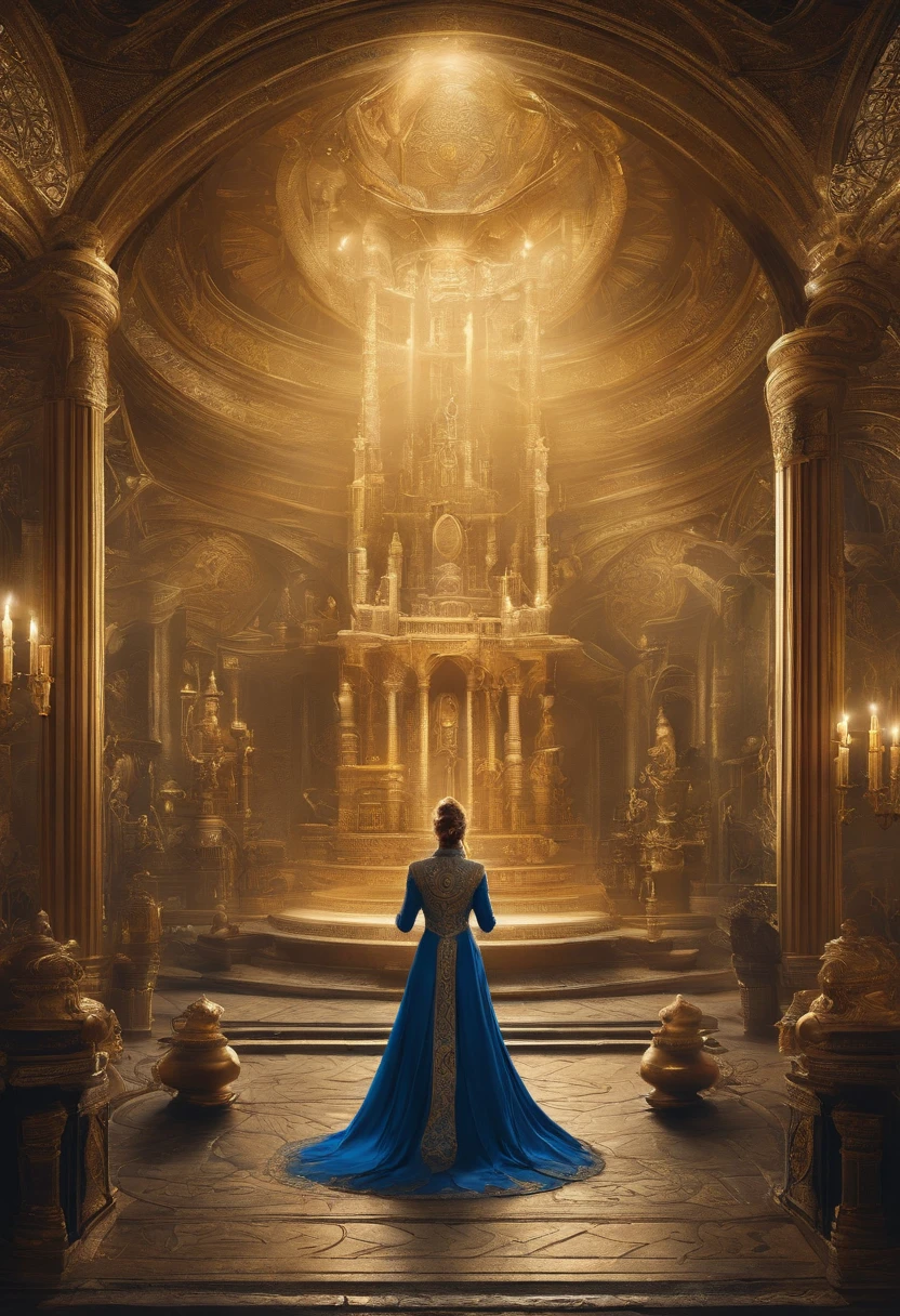 8K, Very high resolution, Very detailed. 1 white-bearded wizard man。Three women in white and gold dresses. They、Stands on the floor of a magic circle on a terrace overlooking the Nile in a large and magnificent Egyptian palace. Cinematic lighting. From movie stills. Back shot. 科幻小说 / Sci-Fi Concept Art / a science fiction film. Fantasy Art. blue robe. golden embroidery。Magic castle glowing in the background. Blue costume.Magnificent altar of the Middle Ages。There is a waterfall beyond the altar。torches。candles。bustshot。Magnificent cosmic stars々。Shining stars。Holy Night。