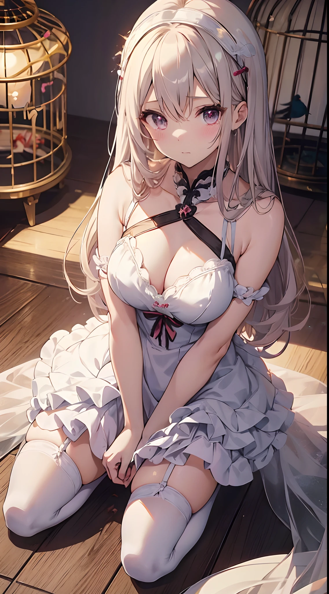 Anime girl in lingerie sitting on the floor with bird cage, Seductive Anime Girl, beautiful anime girl squatting, Anime Barbie in white stockings, Panties, guweiz, maturefemale, beautiful alluring anime woman, Small curvaceous, Dress, | Fine Detail Anime, the anime girl is crouching, guweiz on pixiv artstation