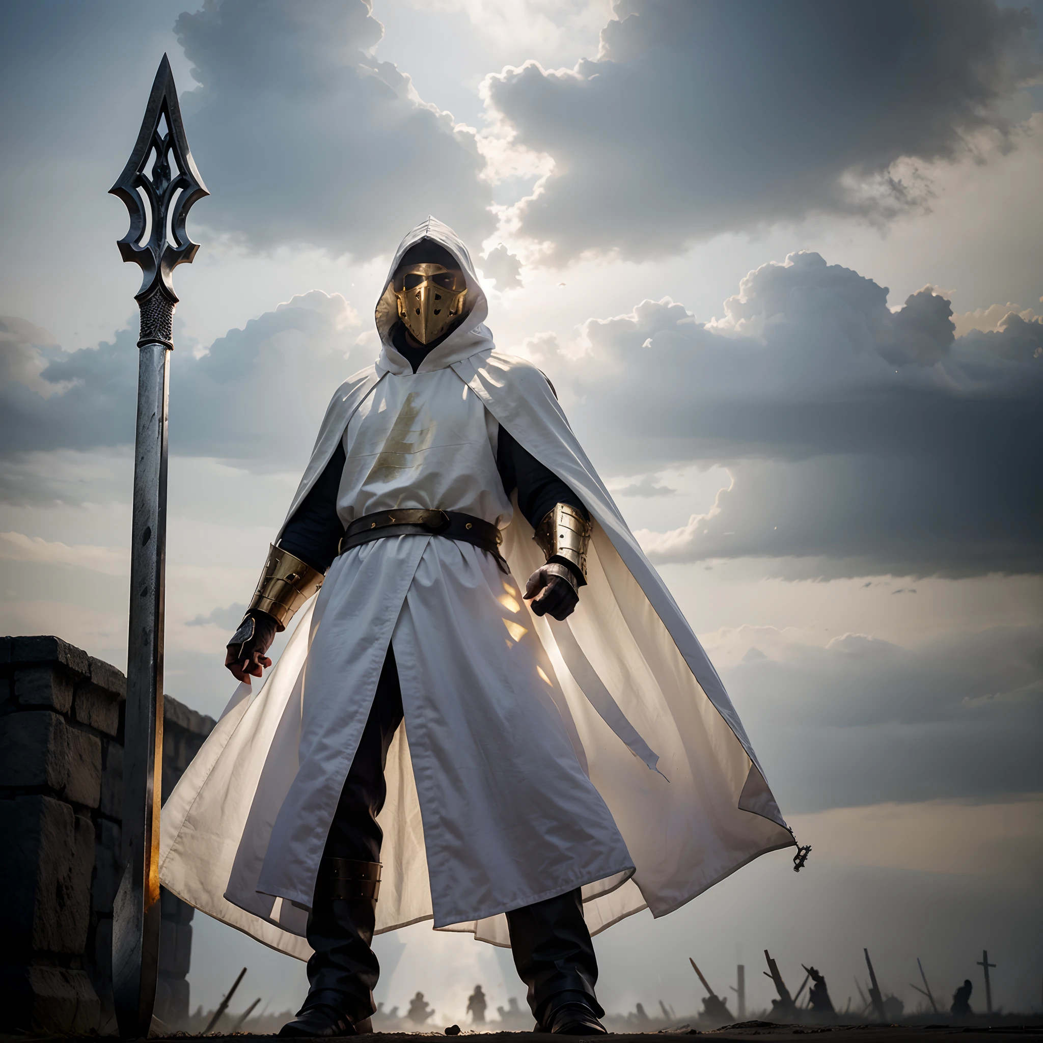 full body low angle shot of an intimidating male unarmored holy warrior with a large flowing white cloak with hood wearing a black and light gray clothes and wielding a two-handed greatsword burning with golden flames standing on a medieval battlefield on a cloudy day, man, ritualistic mask, long white cloak, shining white eyes, low angle, highly detailed, divine aspect,