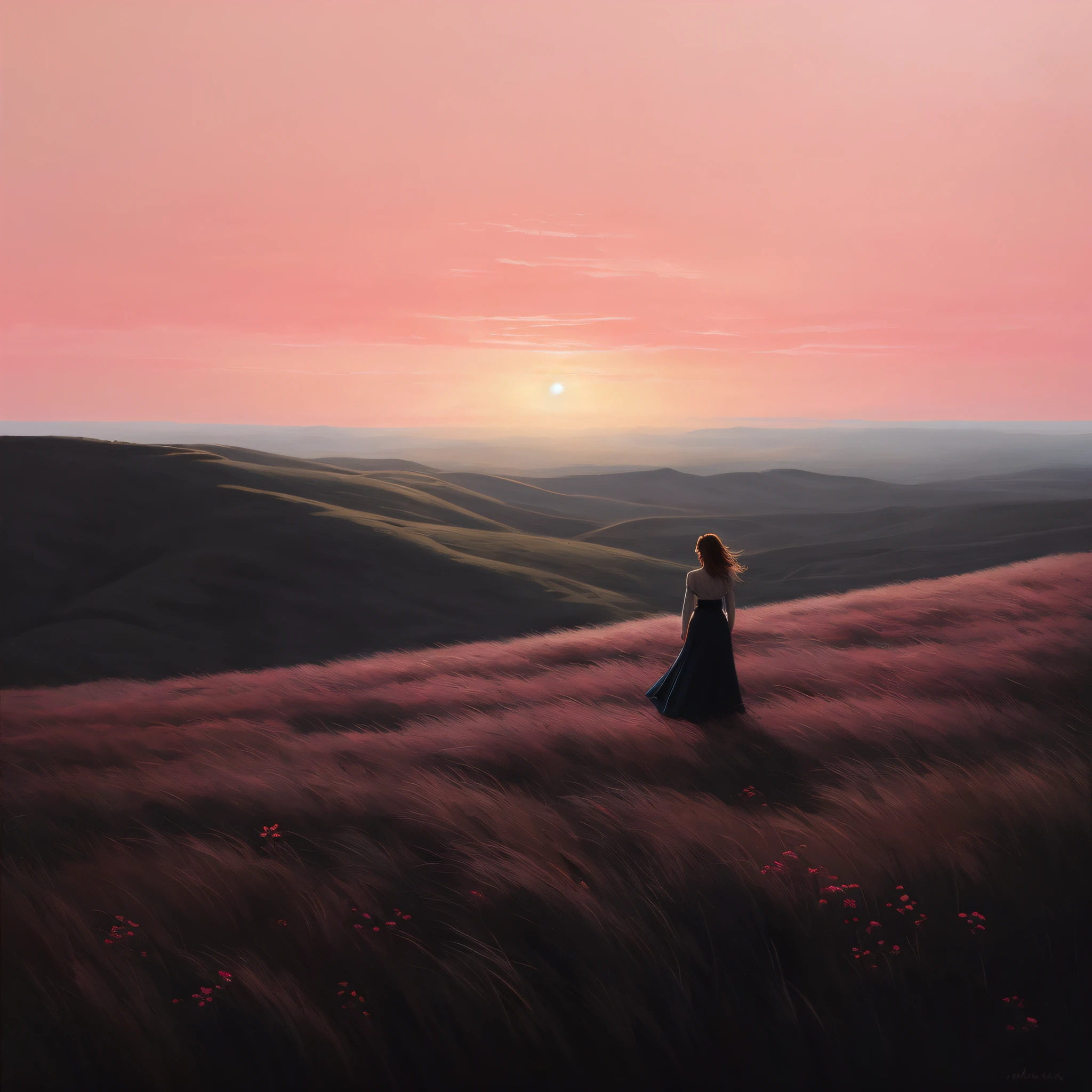 Painting a woman standing on a mountain overlooking the valley, inspired by Jakub Schikaneder, Twilight ; Digital painting, Inspired by RHADS, Twilight ; digital oil painting, inspired by Alena Aenami, matte digital painting, Desolate. Digital illustration, Artistic. Alena Ainami, art by Alena Aenami, beautiful girl on the horizon, sunset illustration