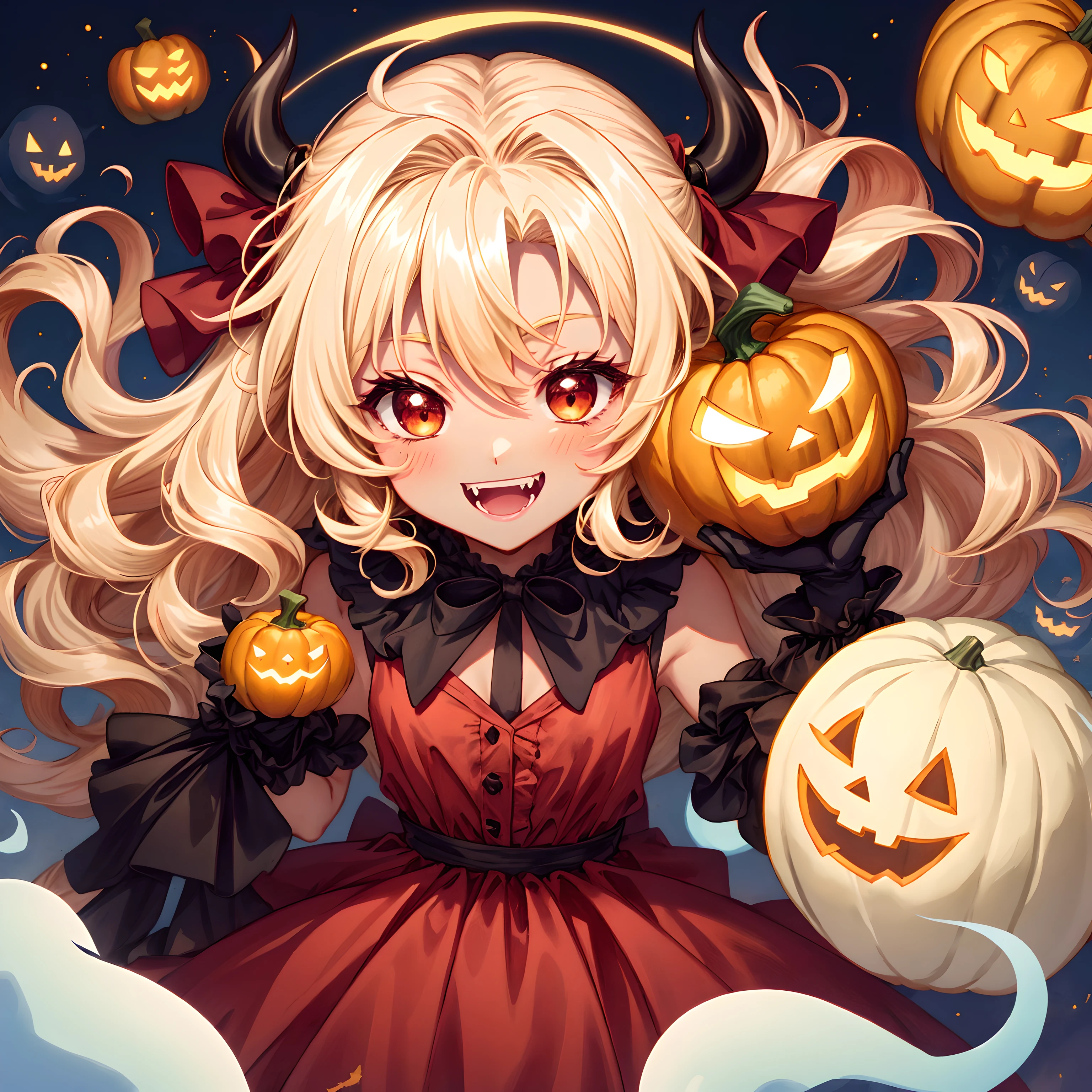 Devil, black devil, cute devil, anime illustration, ultra detailed, hyper sharp image, fangs. blonde wavy curly long hair, wearing rubber costume, halloween festival, jack o'lantern, ghost, happy smile, cute smile, red eyes, dark skin, eating pumpkin, chibi emote,