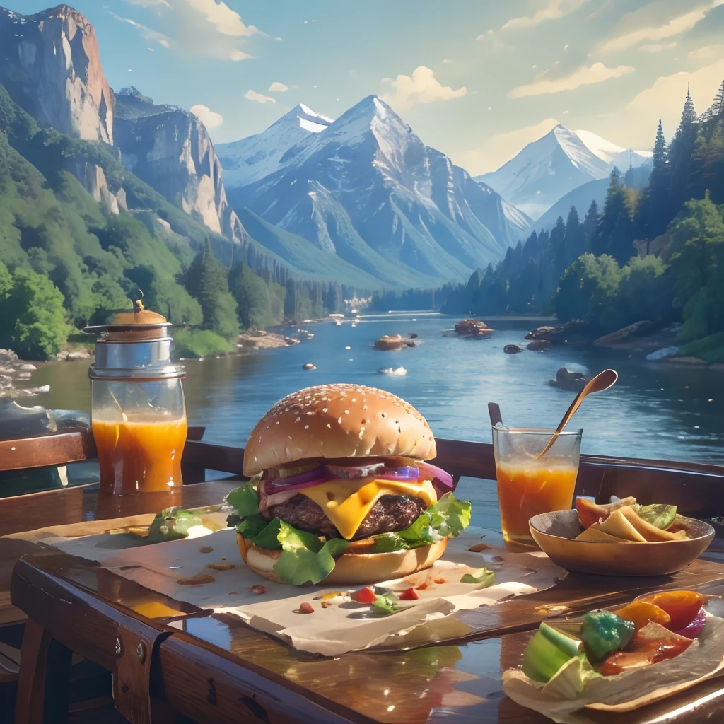 (Masterpiece, Top quality, Best quality, Beautiful and aesthetic:1.2), Extremely detailed, highest details,Close-up of burger set meal on restaurant countertops，Nutritious breakfast in the morning，The background is a landscape of mountains and rivers