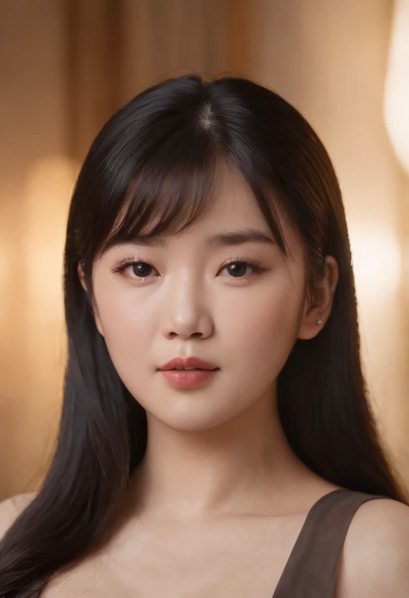 a chubby asian woman with long straight black hair and slight flowy bangs. She is overweight. White skin. She has weak jaw and small lower mouth. Her face is round shape. The lenght between her eyes are near. Diamond eyes shape and monolid and small. 3d pixar style cartoon.