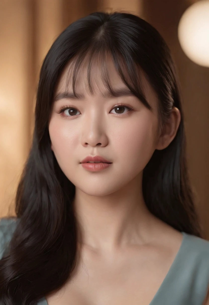 a chubby asian woman with long straight black hair and slight flowy bangs. She is overweight. White skin. She has weak jaw and small lower mouth. Her face is round shape. The lenght between her eyes are near. Diamond eyes shape and monolid and small. 3d pixar style cartoon.