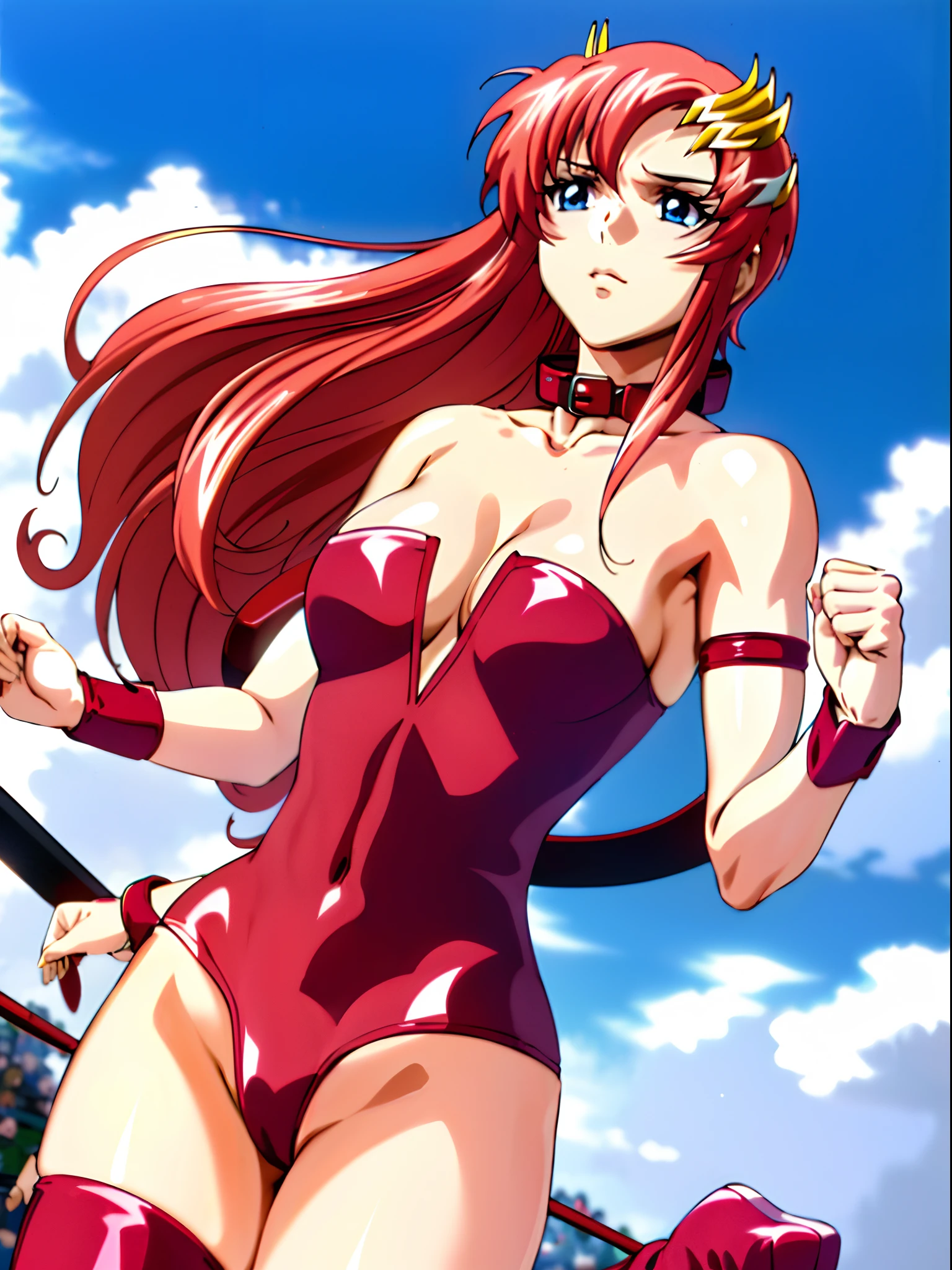 solo, (((red strapless wrestling outfit, collar, red boots))), (upper body view, big mouth, Best Quality, Anime style: 1.9, Adult Woman, (cloud background), Anime, lacus4), 1girl, Solo, 鎖骨, (very long hair, wide bangs, Hair Ornament, Detailed reddish-pink hair, golden crest), large hands, (blue eyes), ((little biceps, slender body, hourglass figure, broad shoulders, closed fists)), ((perfect proportions, medium breasts, cleavage, long belly)), (((mini red wrestling outfit))
