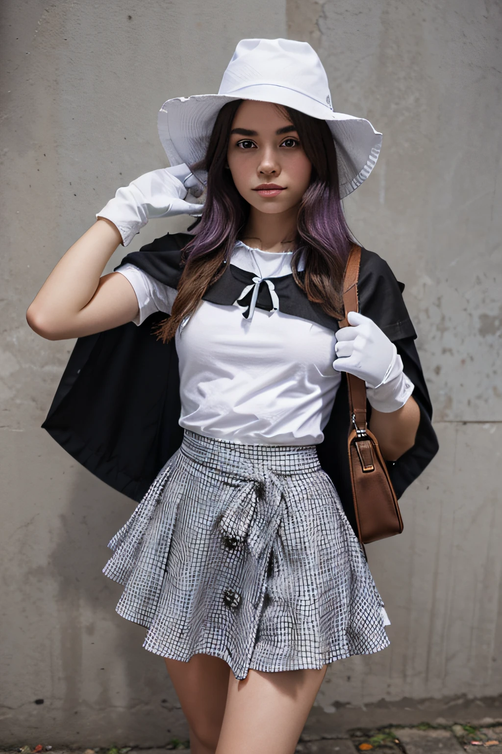 Cartoonish adolescente menina roxo cabelo curto, Wearing a white witch's hat, terno branco, Gingham check skirt and a brown glove on one hand and a black cape