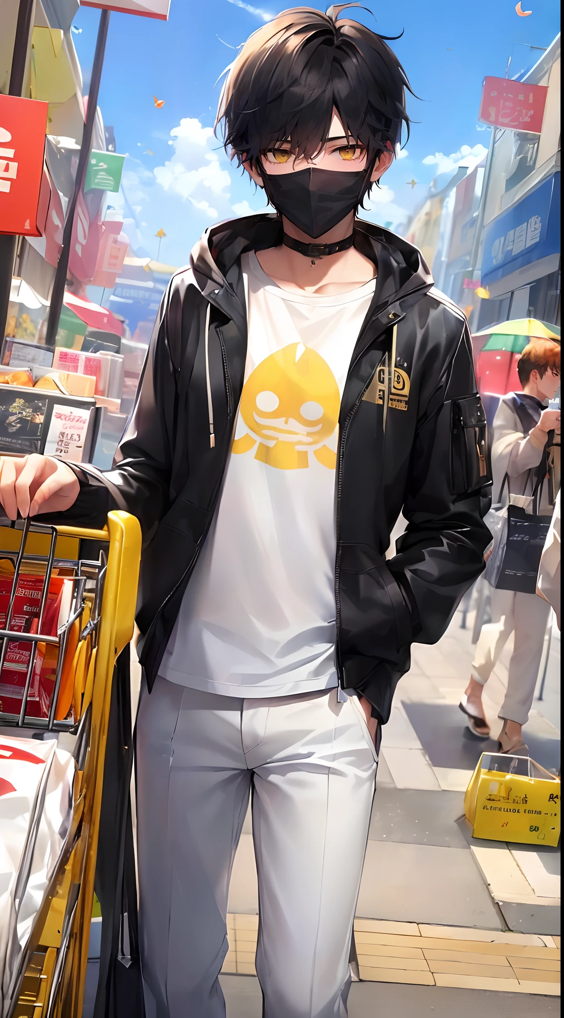 (4K works))、​masterpiece、(top-quality)、In the shopping center、Korean Male、Adult male、((Adult 26 years old))、((Face similar to Hyun Jin))、Cool Men、tall、((Happy look))、((Strong eyes))、((Wearing a white T-shirt and a hooded black jacket、White long trousers))、((Autumn clothing style with long sleeve long pants))、((Wear a black mask))、((smaller face))、Slim body、((hooligan))、((Black short-haired))、((Yellow eyes))、((shot from front))、((He while shopping))、((He standing while pushing a cart))、((Shot alone))、((Solo Photography))