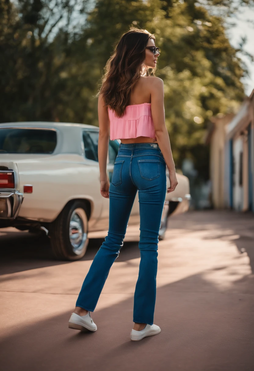 A young white girl, short, petite and roughly 90 pounds. Pink crop top, long brunette hair wit glasses. Blue low rise bootcut jeans. View from behind.