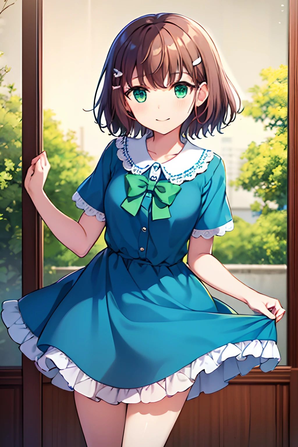 Sasanami Shoko, Valvrabe, hair clips, Blue roses, Dress, Lace dress, Brown hair, Green eyes, Short hair, bow ribbon