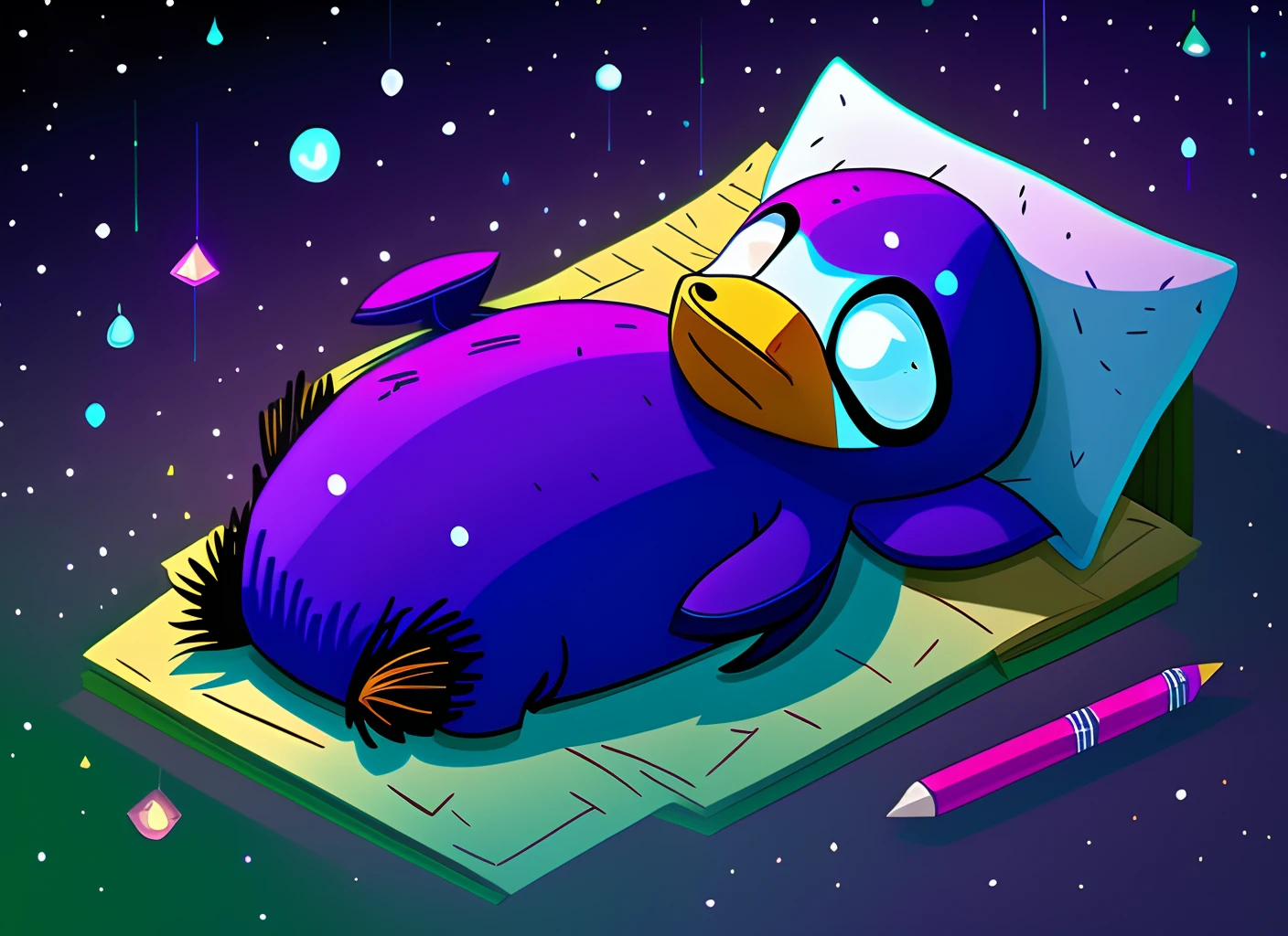Sleeping purple cartoon penguin 1024 by 576 pixels