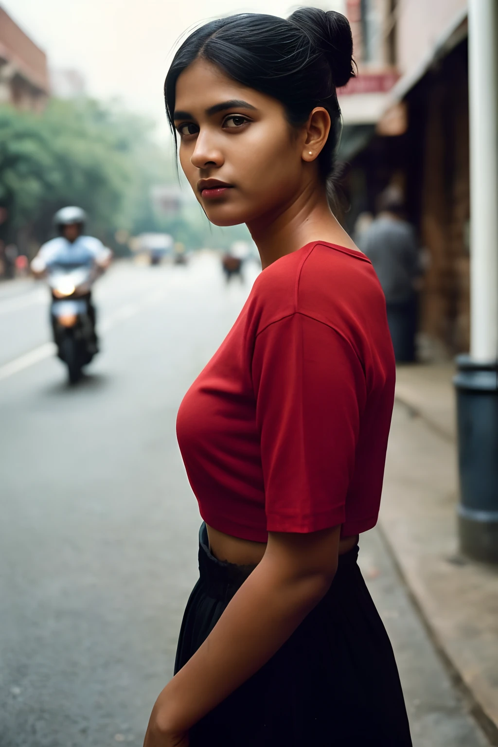 (full body, editorial photograph of a young dusky Indian woman), photographed in a busy street, (highly detailed face:1.4) (smile:0.7) (background Busy indian street , moody, private study:1.3) POV, nikon d850, film stock photograph ,4 kodak portra 400 ,camera f1.6 lens ,rich colors ,hyper realistic ,lifelike texture, dramatic lighting , cinestill 800, realistic, wearing red round-Neck Top, posing!!, candid picture, medium body, medium sized breasts, black hair, bun hair, medium hair length realistic skin texture, brown skin