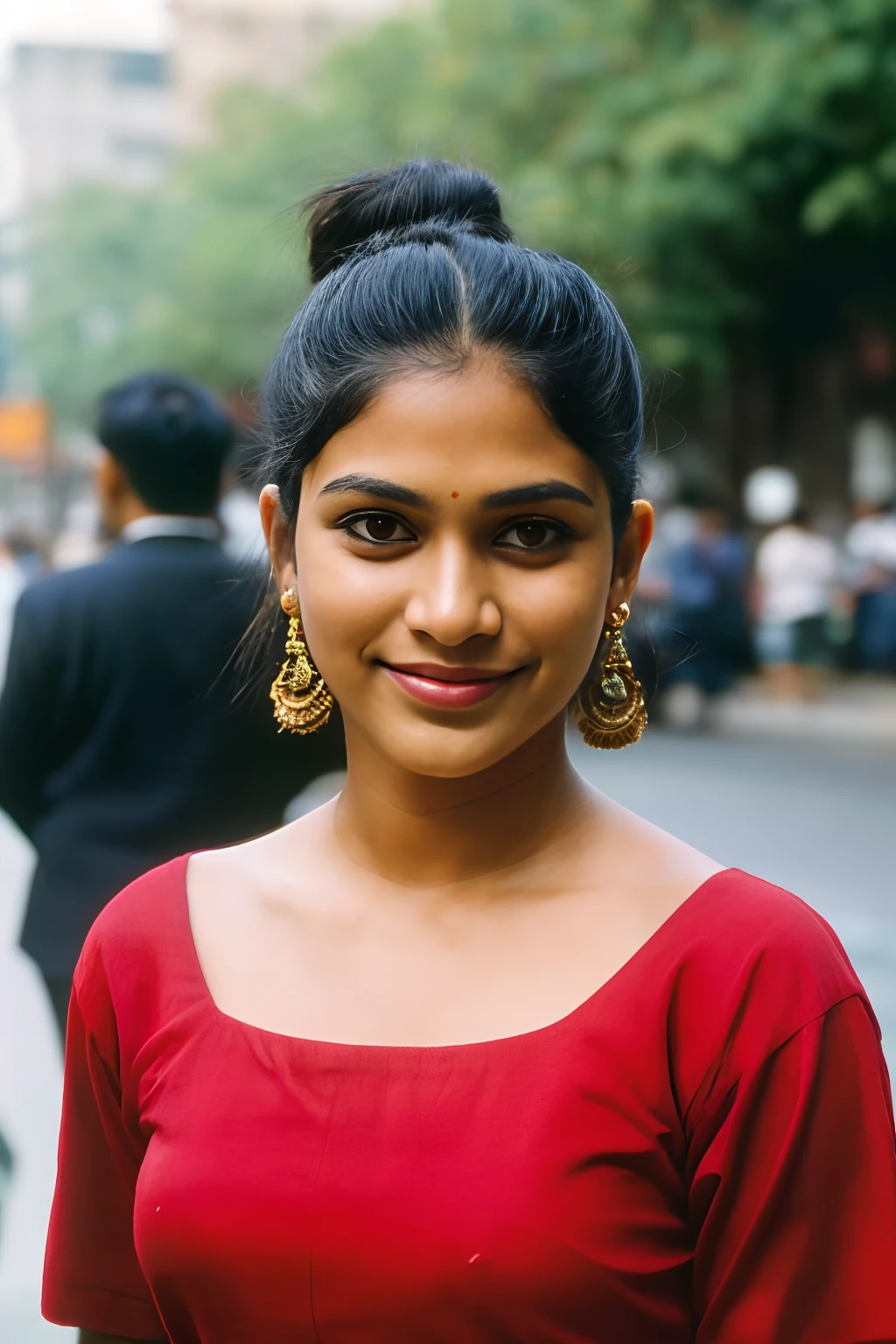 (full body, editorial photograph of a young dusky Indian woman), photographed in a busy street, (highly detailed face:1.4) (smile:0.7) (background Busy indian street , moody, private study:1.3) POV, nikon d850, film stock photograph ,4 kodak portra 400 ,camera f1.6 lens ,rich colors ,hyper realistic ,lifelike texture, dramatic lighting , cinestill 800, realistic, wearing red round-Neck Top, posing!!, candid picture, medium body, medium sized breasts, black hair, bun hair, medium hair length realistic skin texture, brown skin