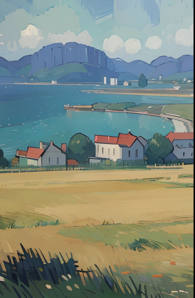 (((View of Van Gogh))),Rivers and mountains in the background,Clouds in the sky and grass in the foreground,sea beach,blue-sky,clouds,daysies,grassy,horizon,Casa,islands,mont,naturey,without humans,the ocean,exteriors,palmeiras,rios,scenecy,Skysky,The tree,Eau,KIDS ILLUSTRATION,