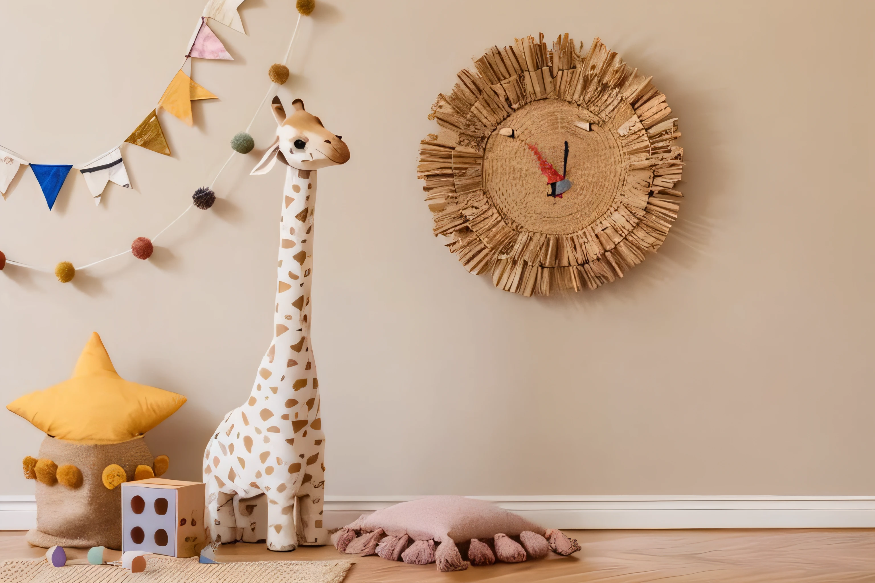 There was a giraffe standing in the room, sofie the giraffe, Decoration around the room, made of cardboard, Decoration, playful and cheerful, arte mista, Self-restraint, wooden art toys, magical mood, wooden art toys on base, inside a 's bedroom, is playing happily, children' s bedroom, Giraffe head and giraffe body, trending artwork, wooden decoration