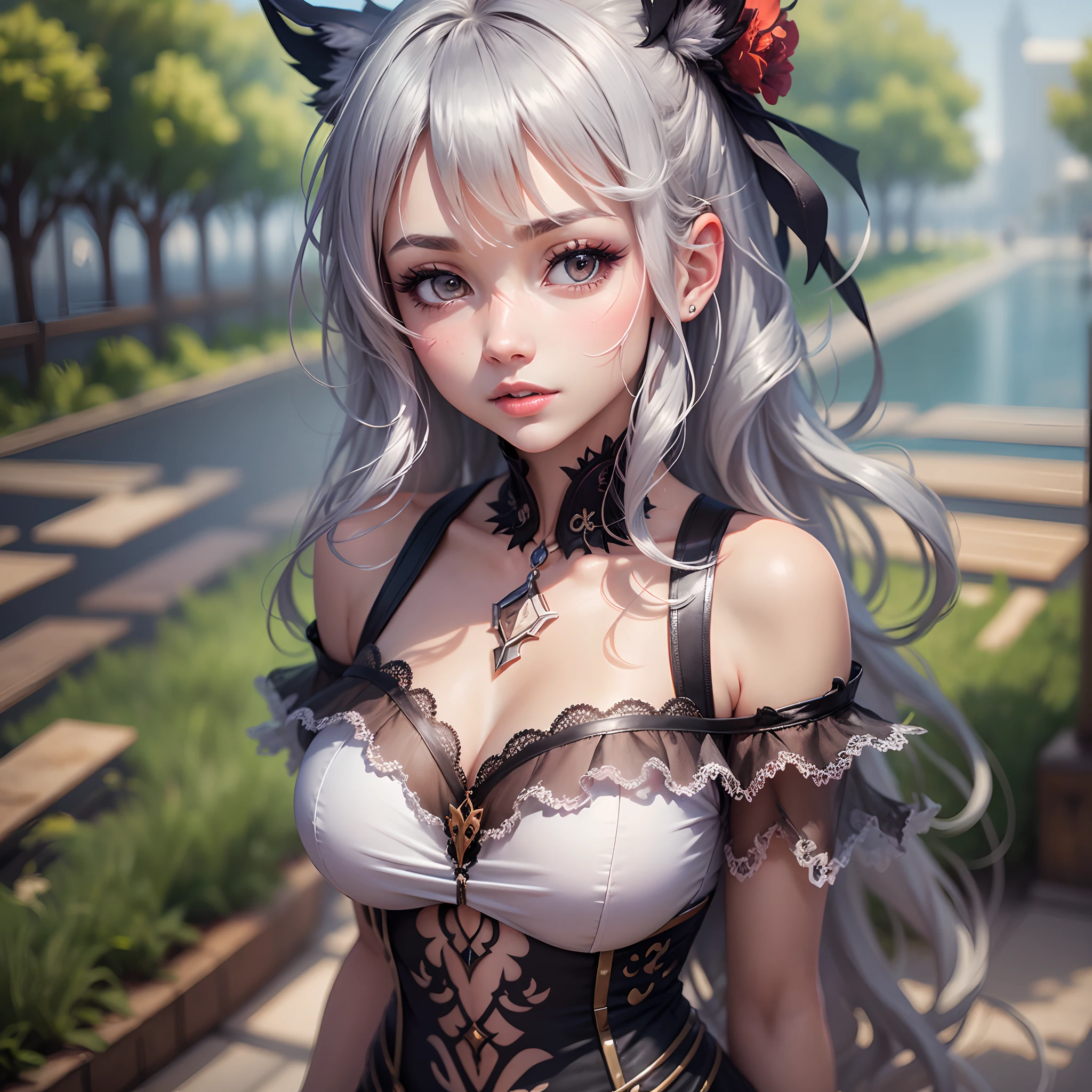 Zaychik Bronya (Silverwing N-X), masterpiece, bestquality, ultra-detail, illustration,(1girls),grey eyes, looking at the audience, Up Close, (Breast Focus), (arm behind back:1.2),  (Chest Out:1.3), (off shoulders:1.1), (:1.1),dress,Red nose,Blush --auto --s2