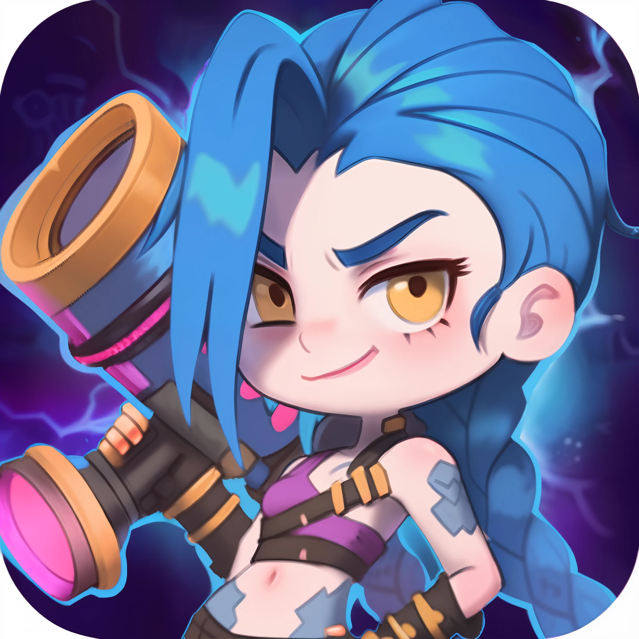 Cartoon image of a blue-haired girl holding a camera, Arcane Jinx, epic mage girl character, hero 2 d fanart artsation, portrait of jinx from arcane, epic legends game icon, kda, tchibi, splash art brawlstars, cute cyber gods, Artgrem, jinx from league of legends, jinx from arcane, arcane art style