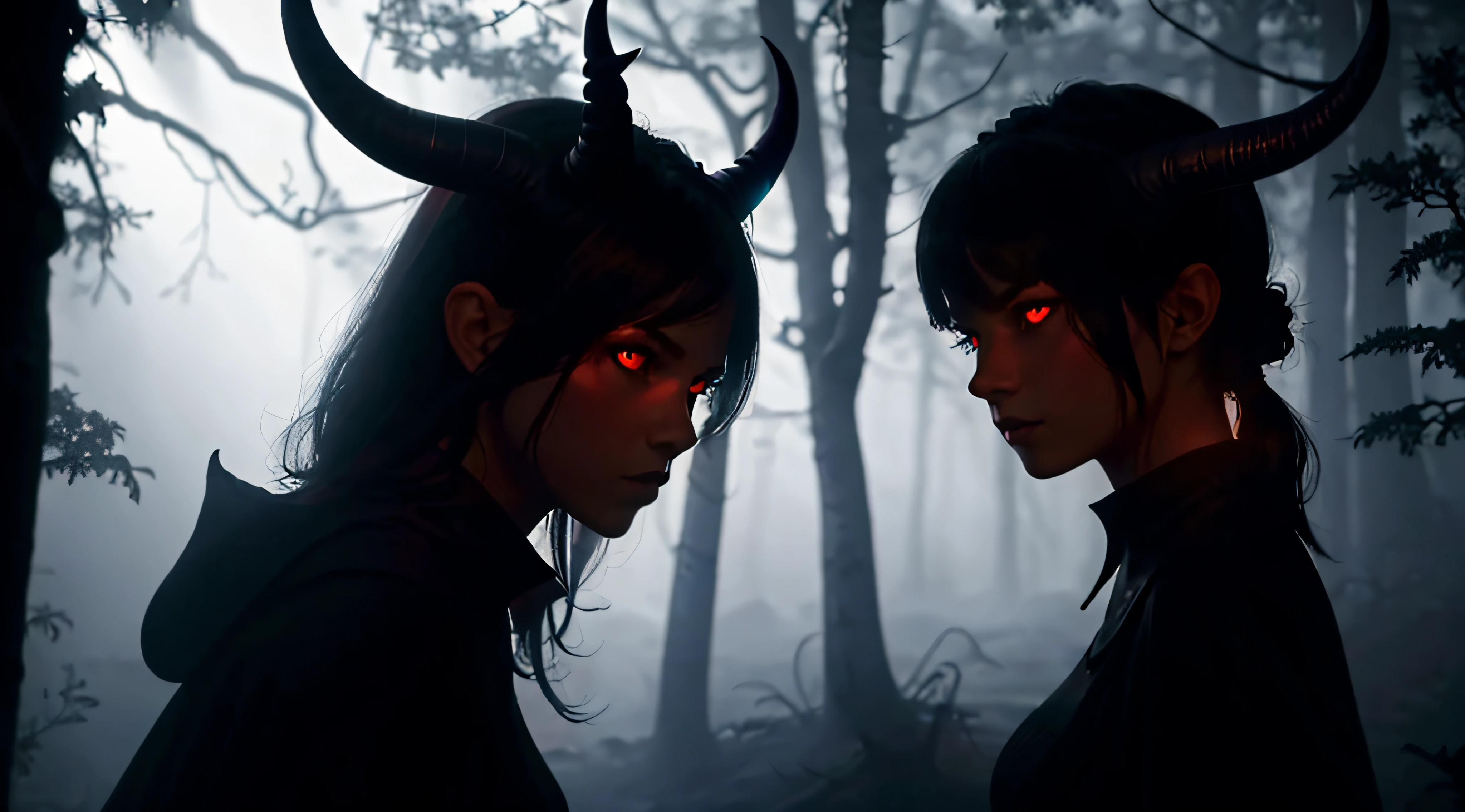 High quality, HD, realistic, HDR. distant silhouette of a devilish girl, big horns, Bright red eyes, surrounded by a glowing mist, Soft atmosphere, dark shadows, dark forest, fog.